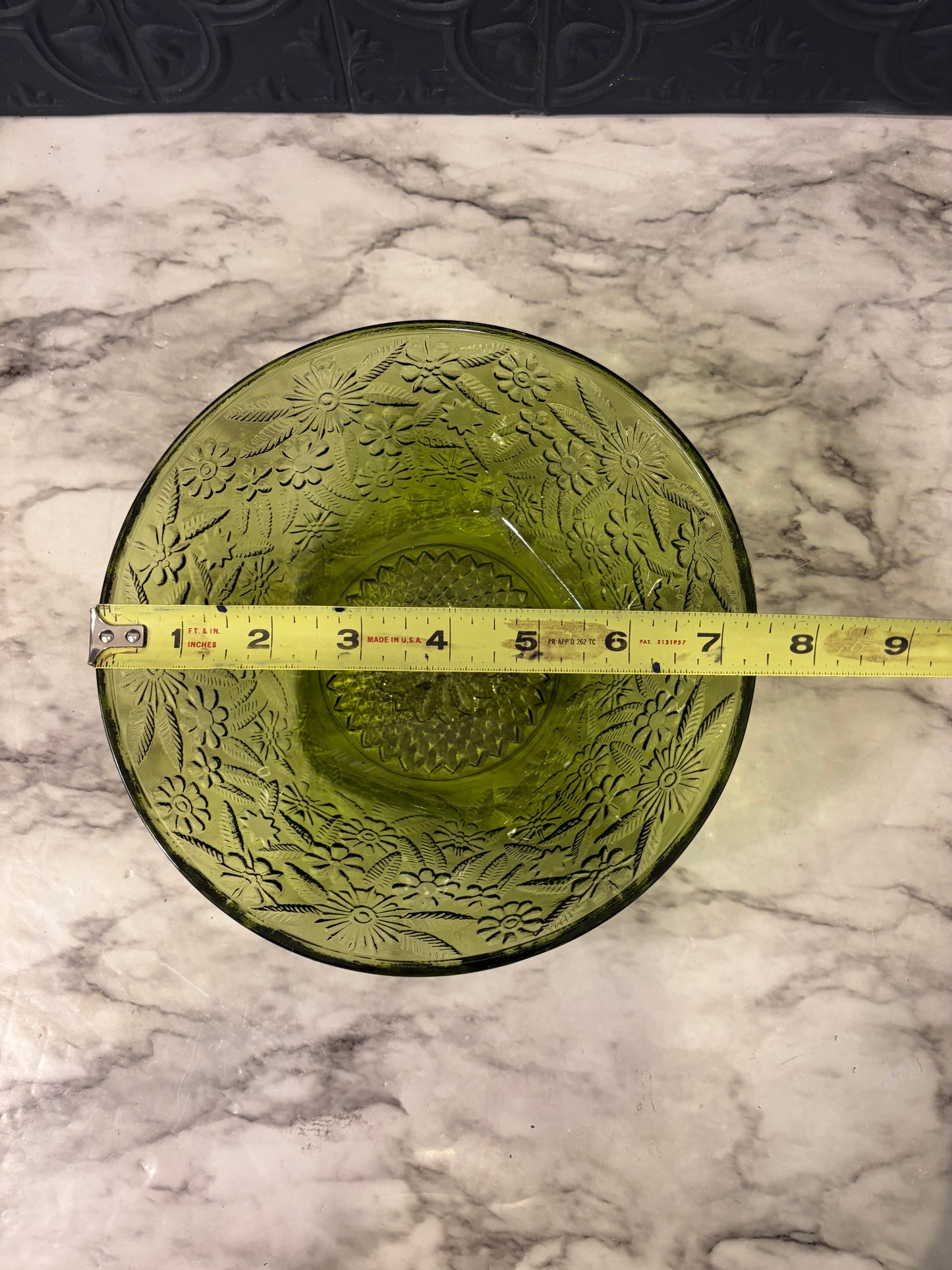 Round Indiana Green Glass Bowl with Floral Pattern