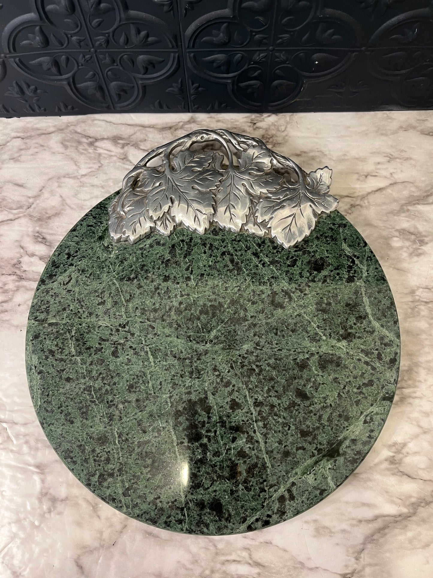 Green Marble cheese board with pewter leaves