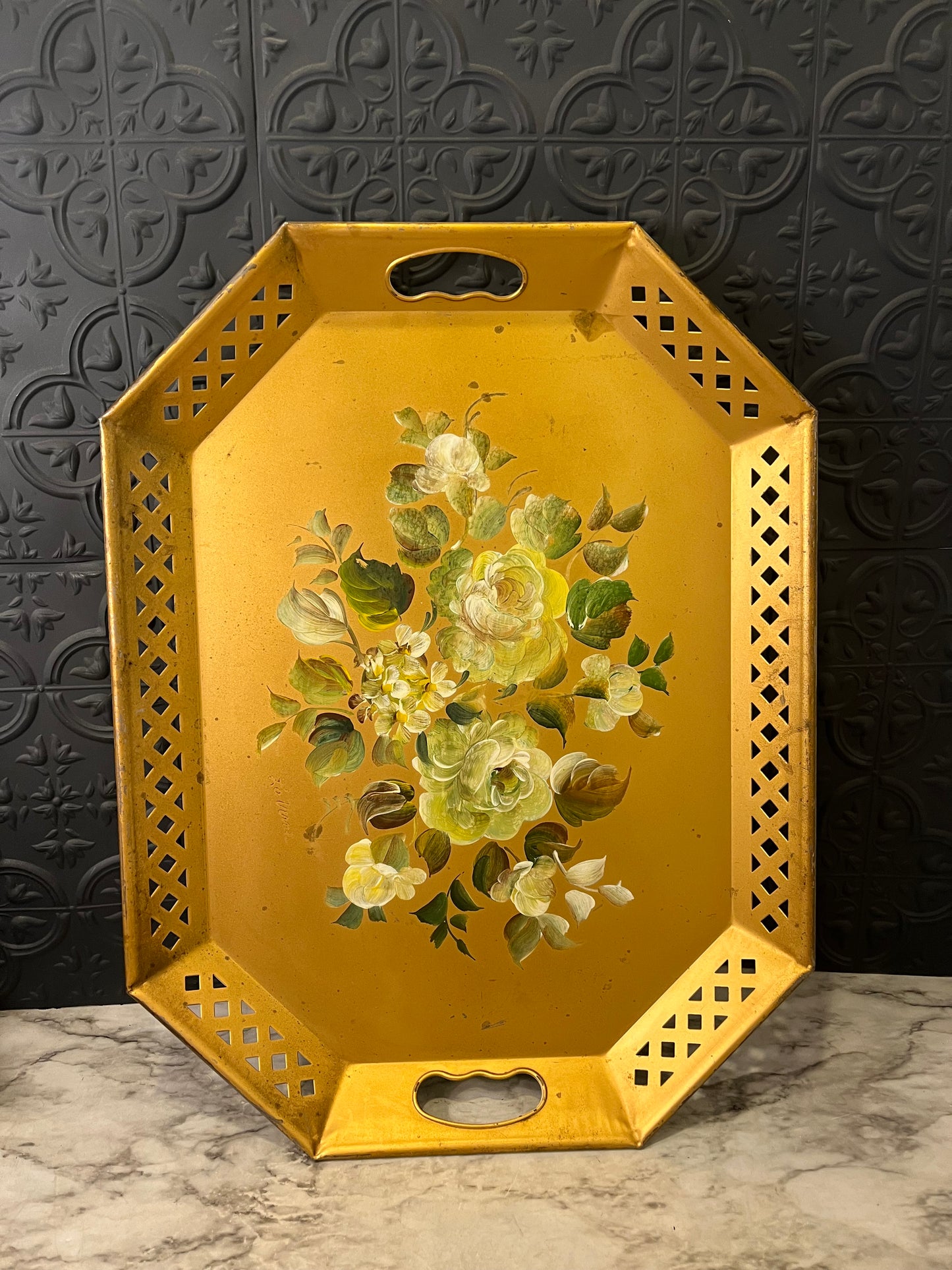 Floral Hand Painted gold tray
