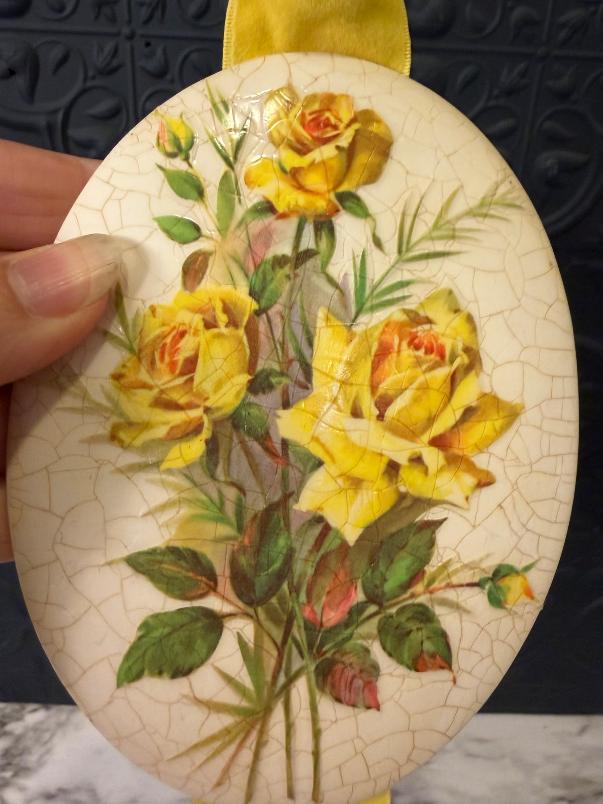 Homemade Plaster Floral Plaque Yellow