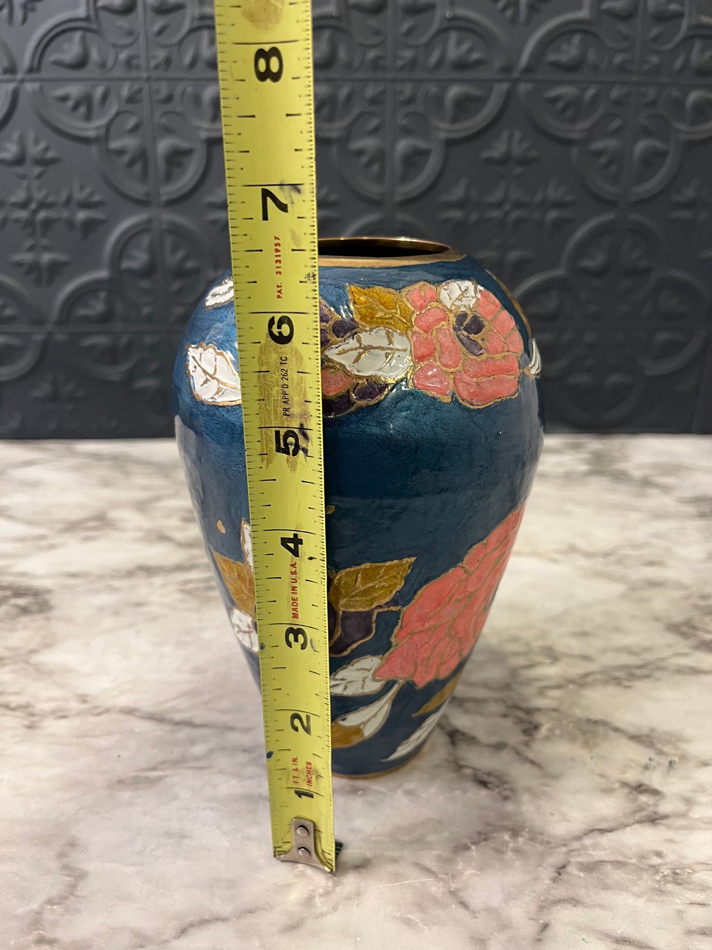 Blue and Peach Brass Cloisonne Vase
