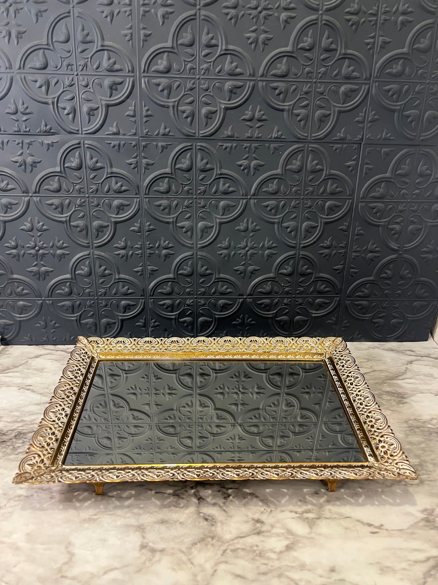 Rectangle mirror tray with brass and cream filligree