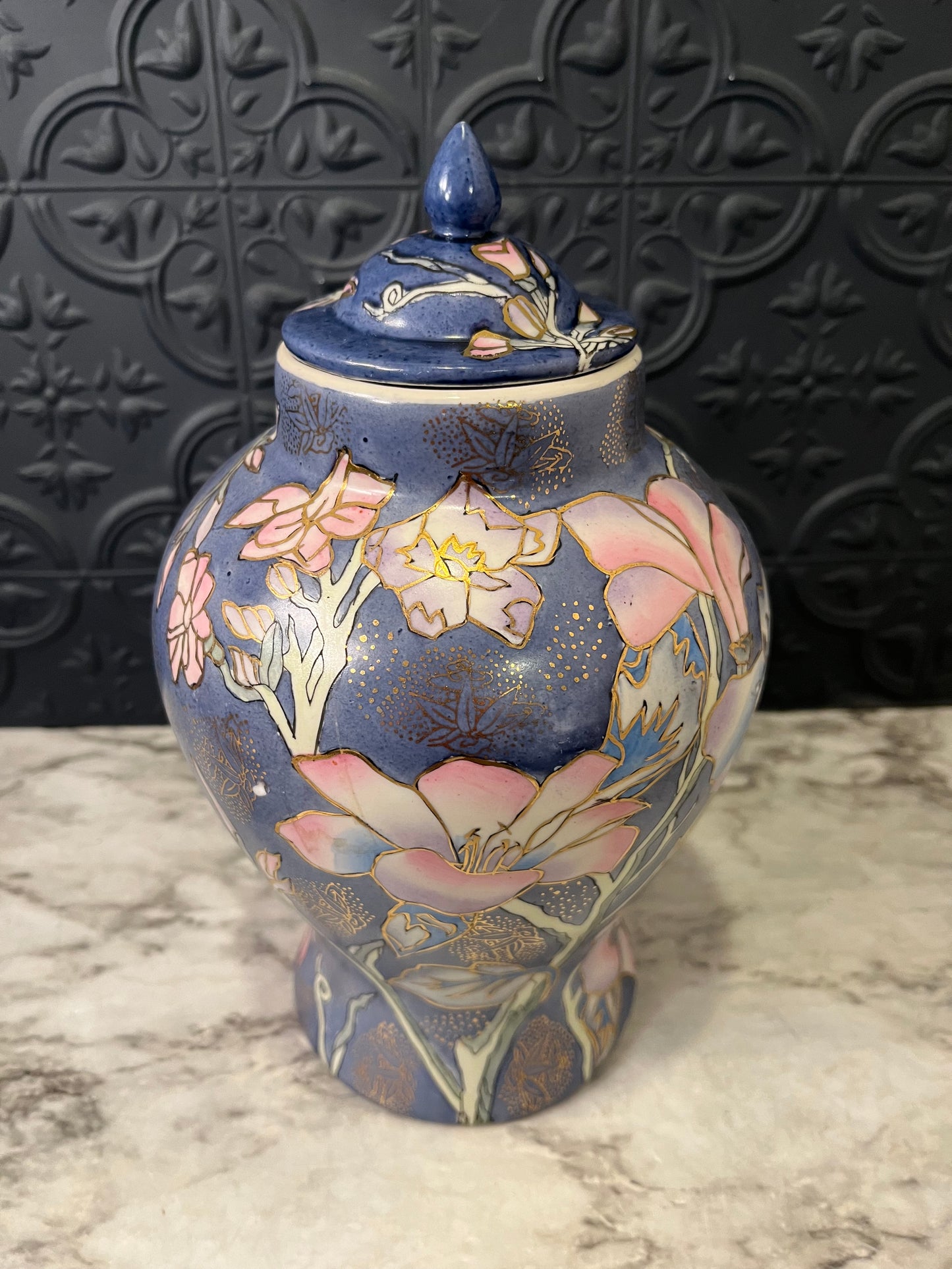 Blue and Pink Hand Painted Ginger Jar