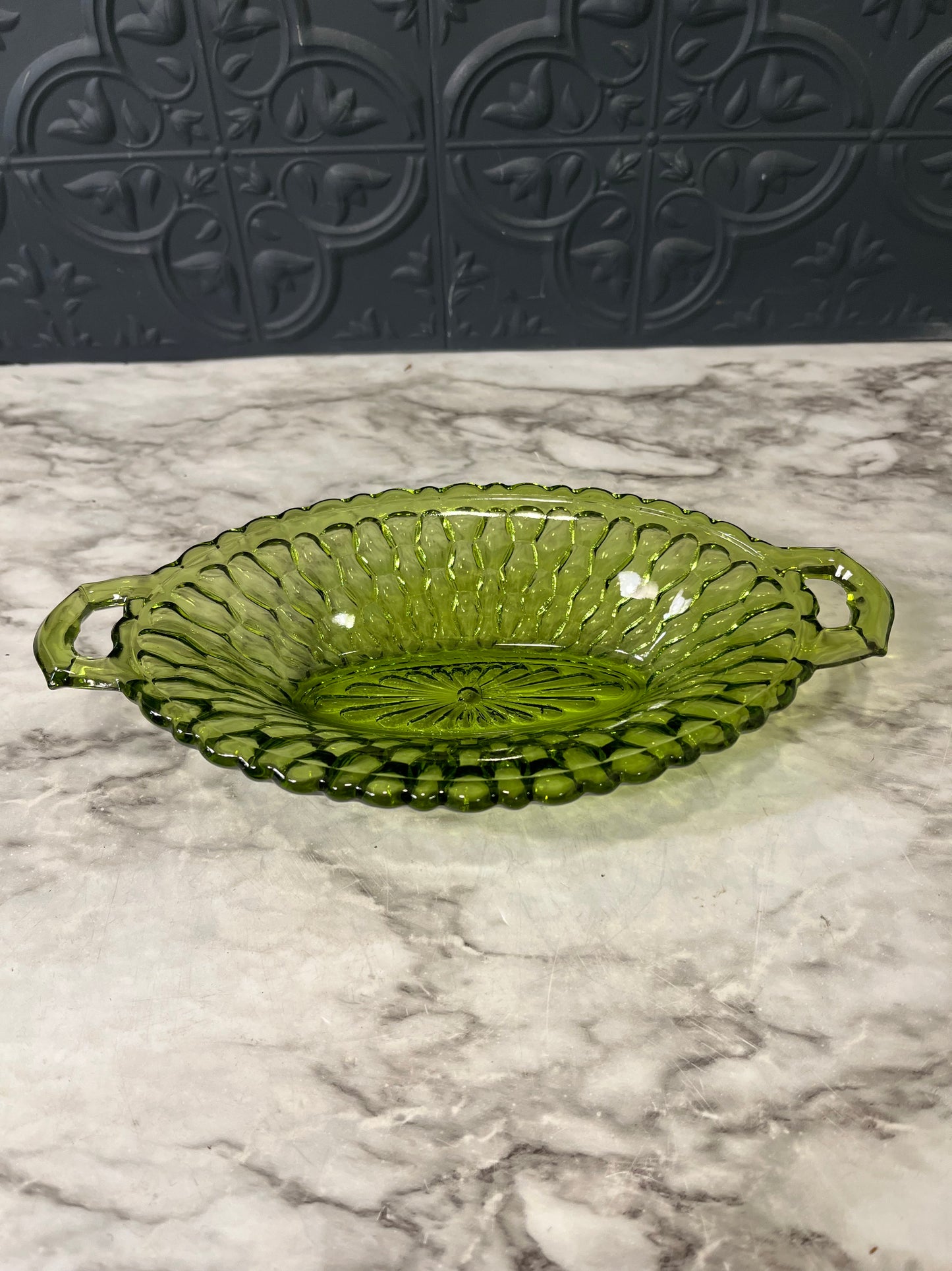 Green Indiana Glass Honeycomb Dish with Handles Oval