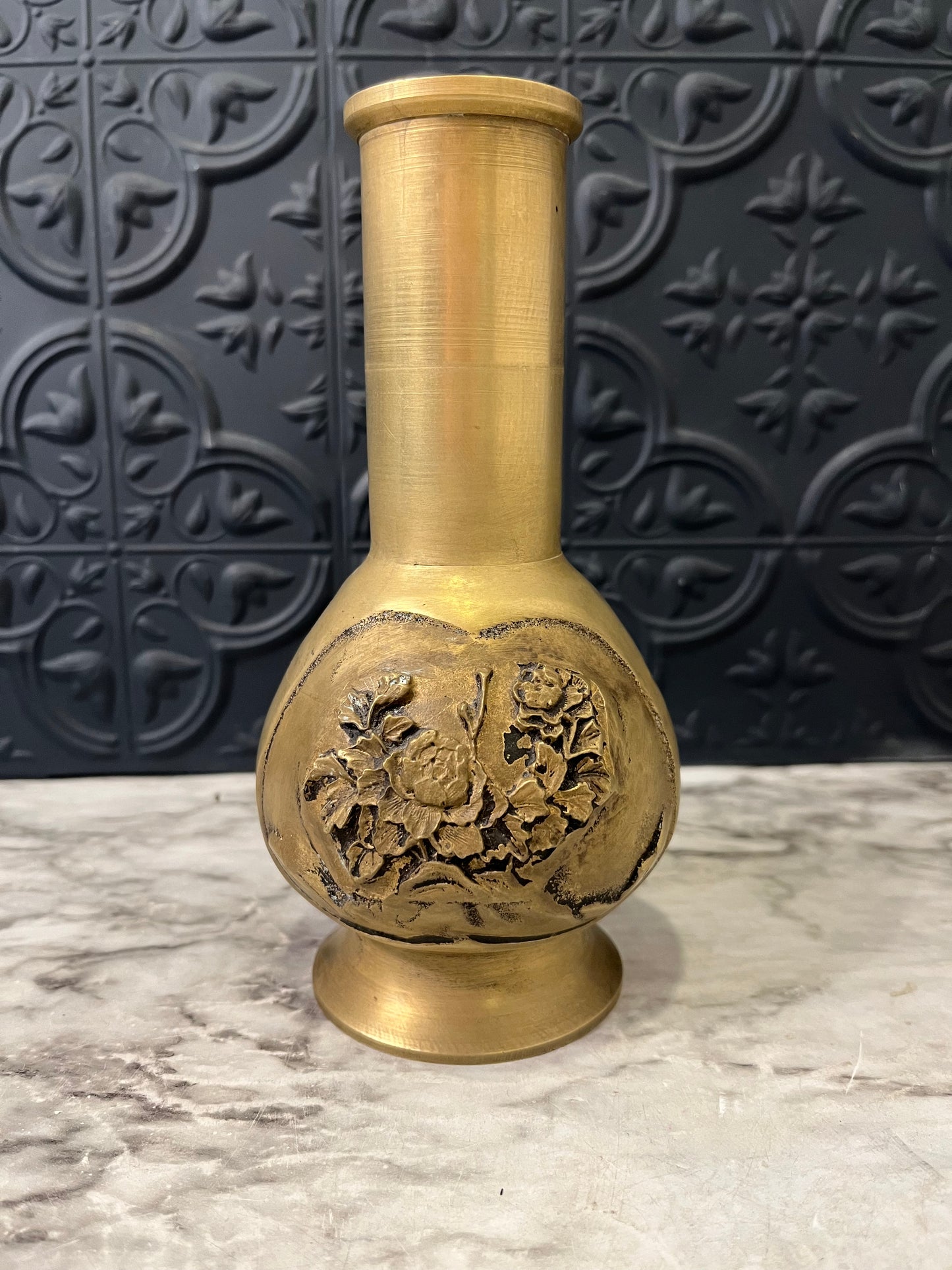 Antique Japanese Brass Vase with Peonies