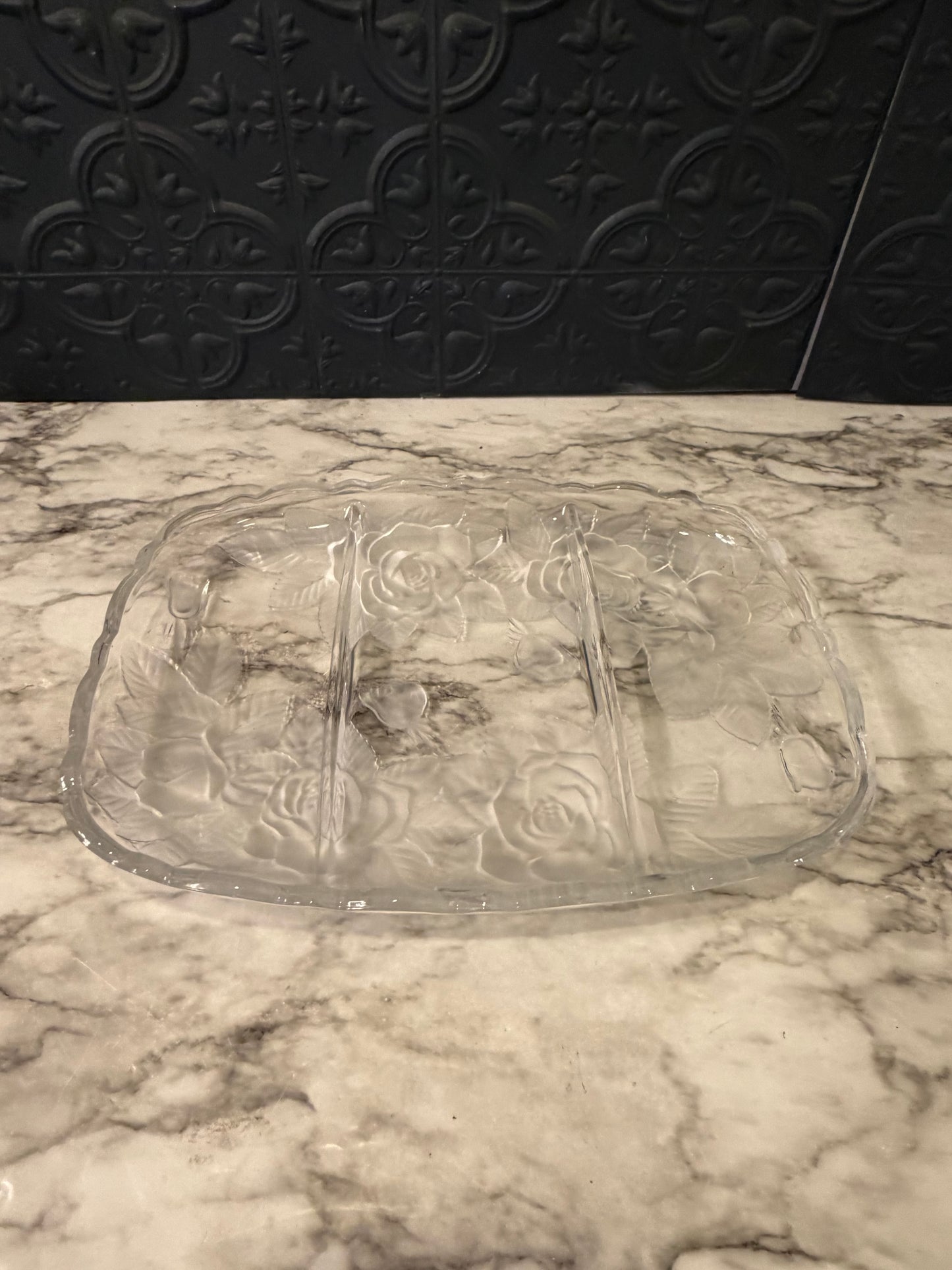 Mikasa Clear Glass Split Platter with Rose Relief