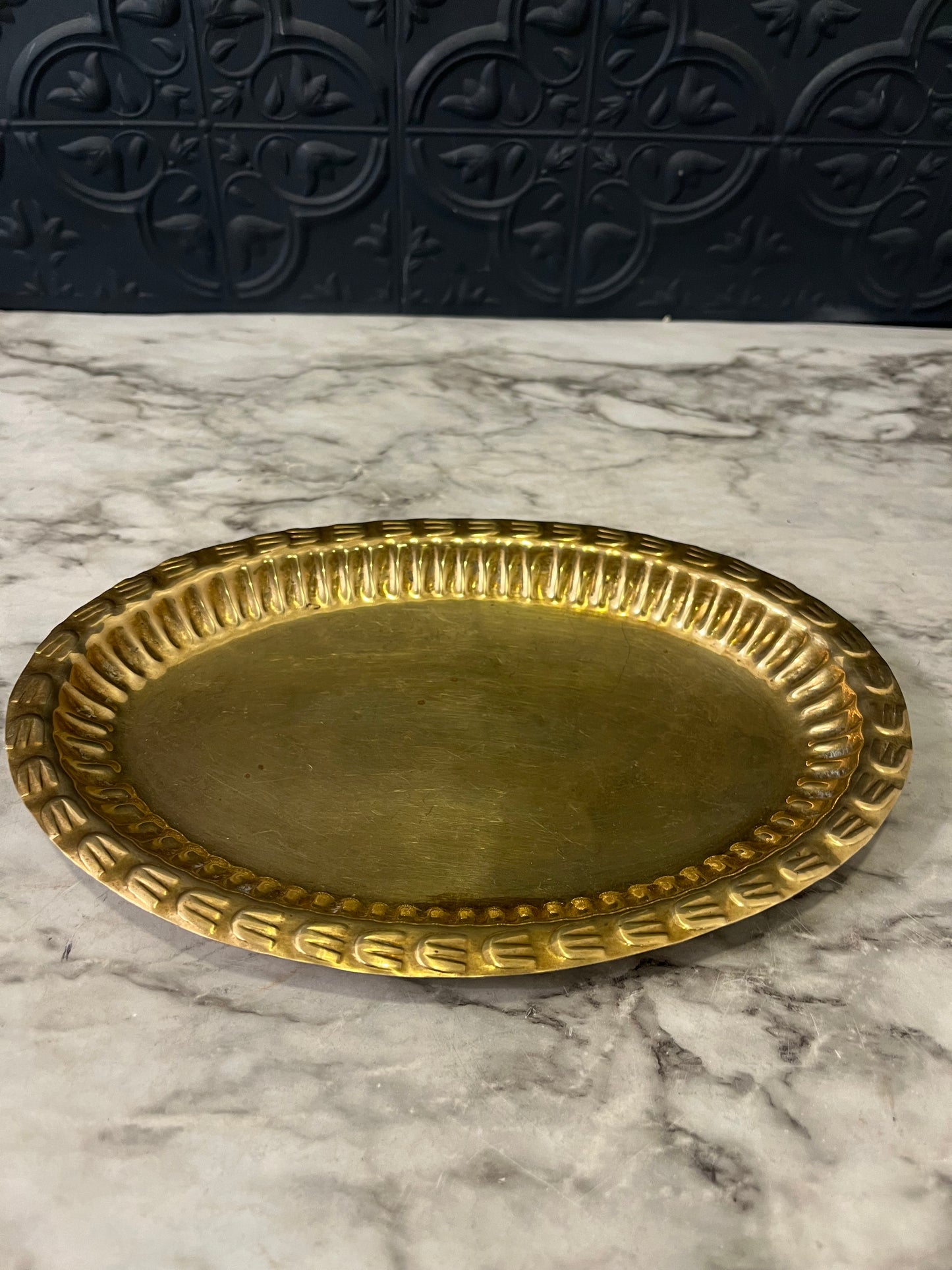 Oval Brass Small Tray Feet Markings on edge