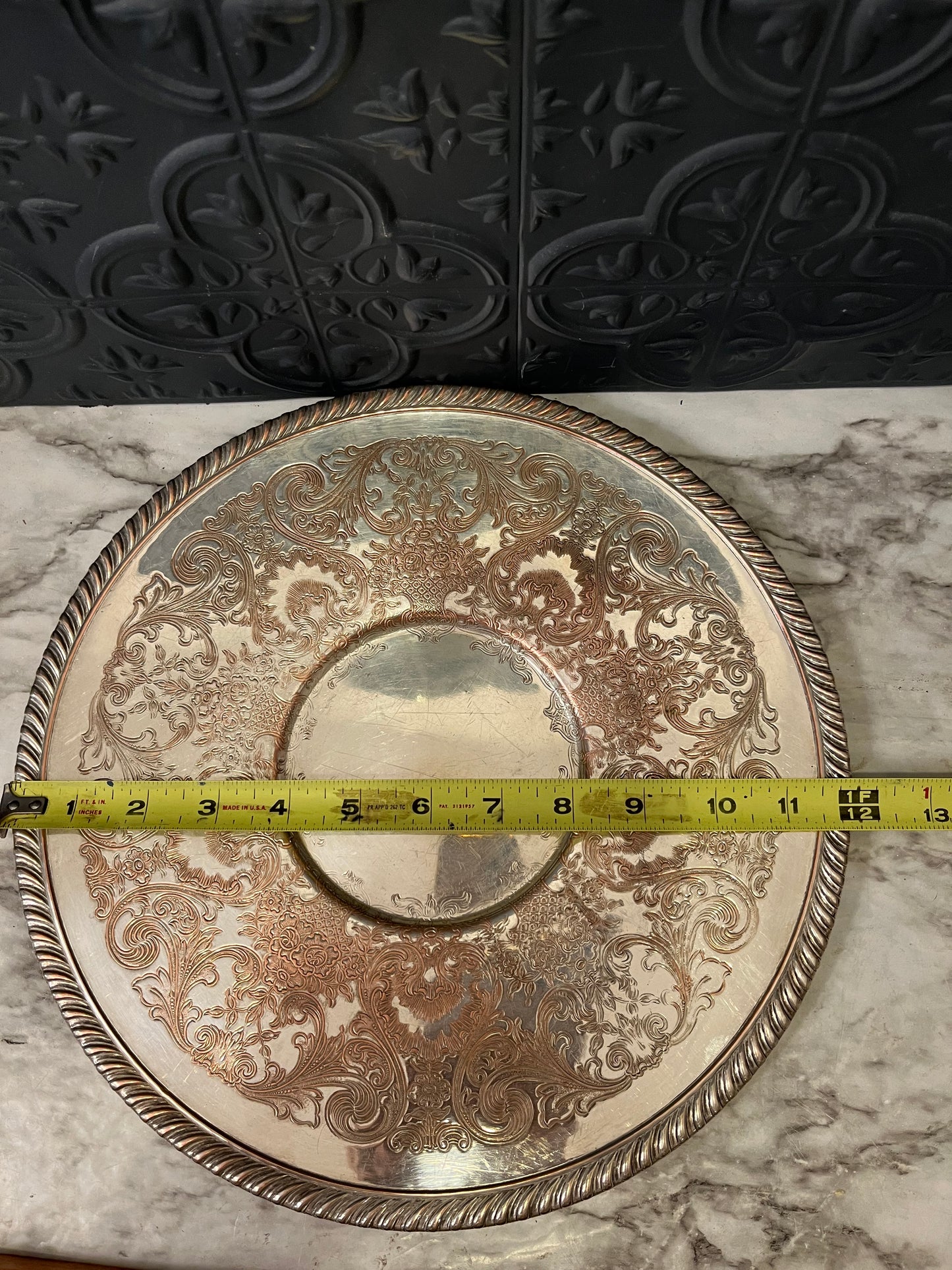 Etched Round Silver Plated Tray with Rope Rim
