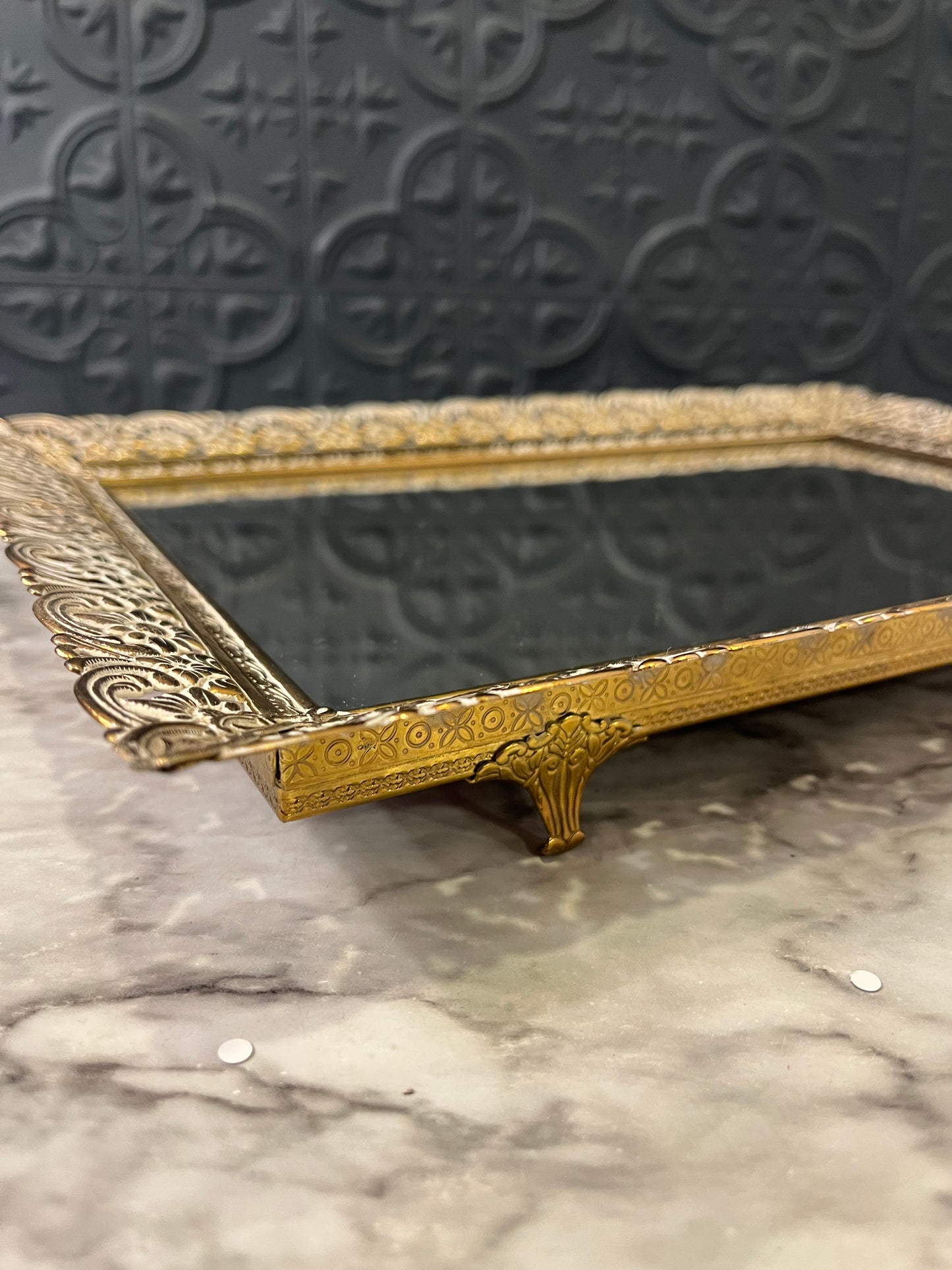 Rectangle mirror tray with brass and cream filligree