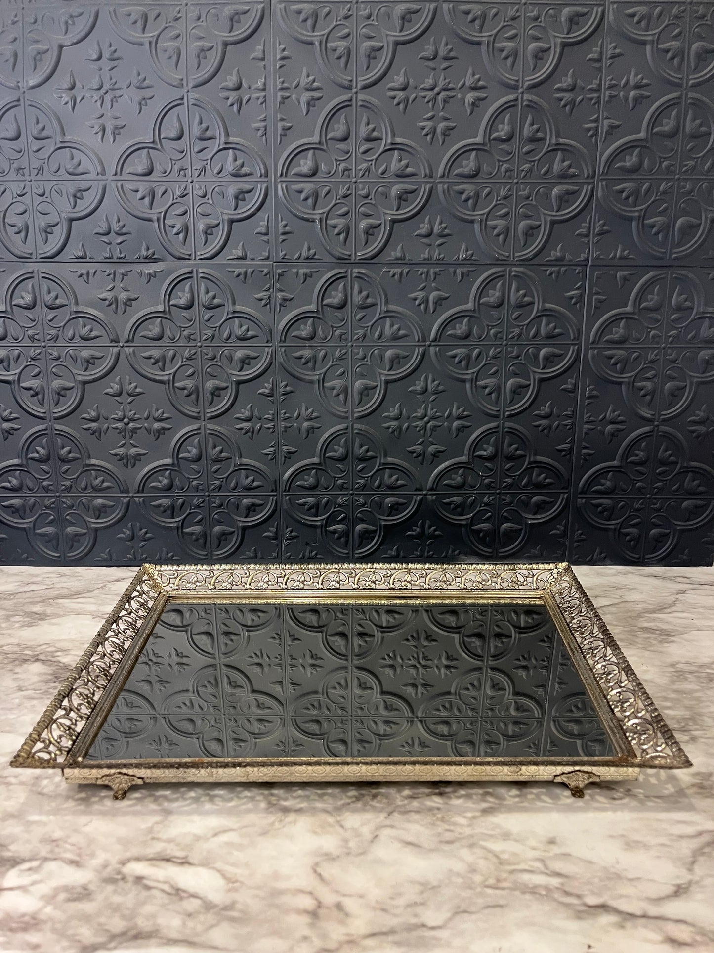 Rectangle mirror tray with silver tone filligree