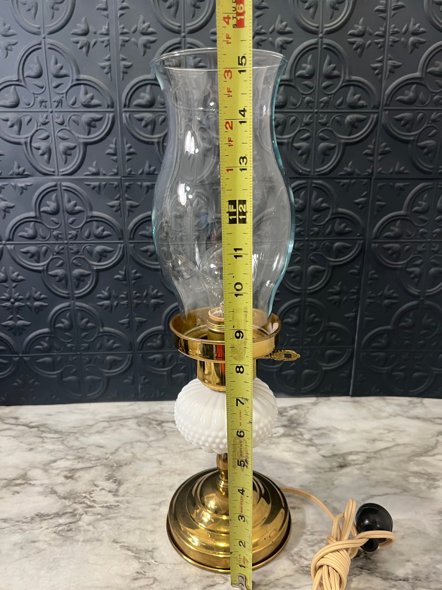 Brass and Milk Glass Lamp with Hurricane