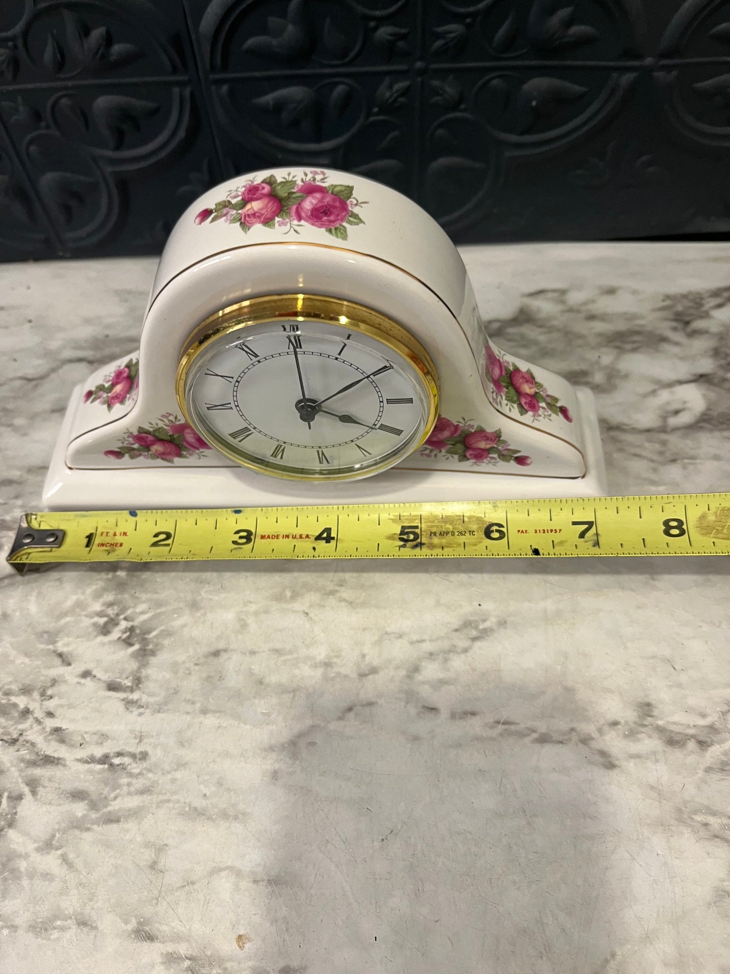 Porcelain Mantle Clock with Pink Flowers untested