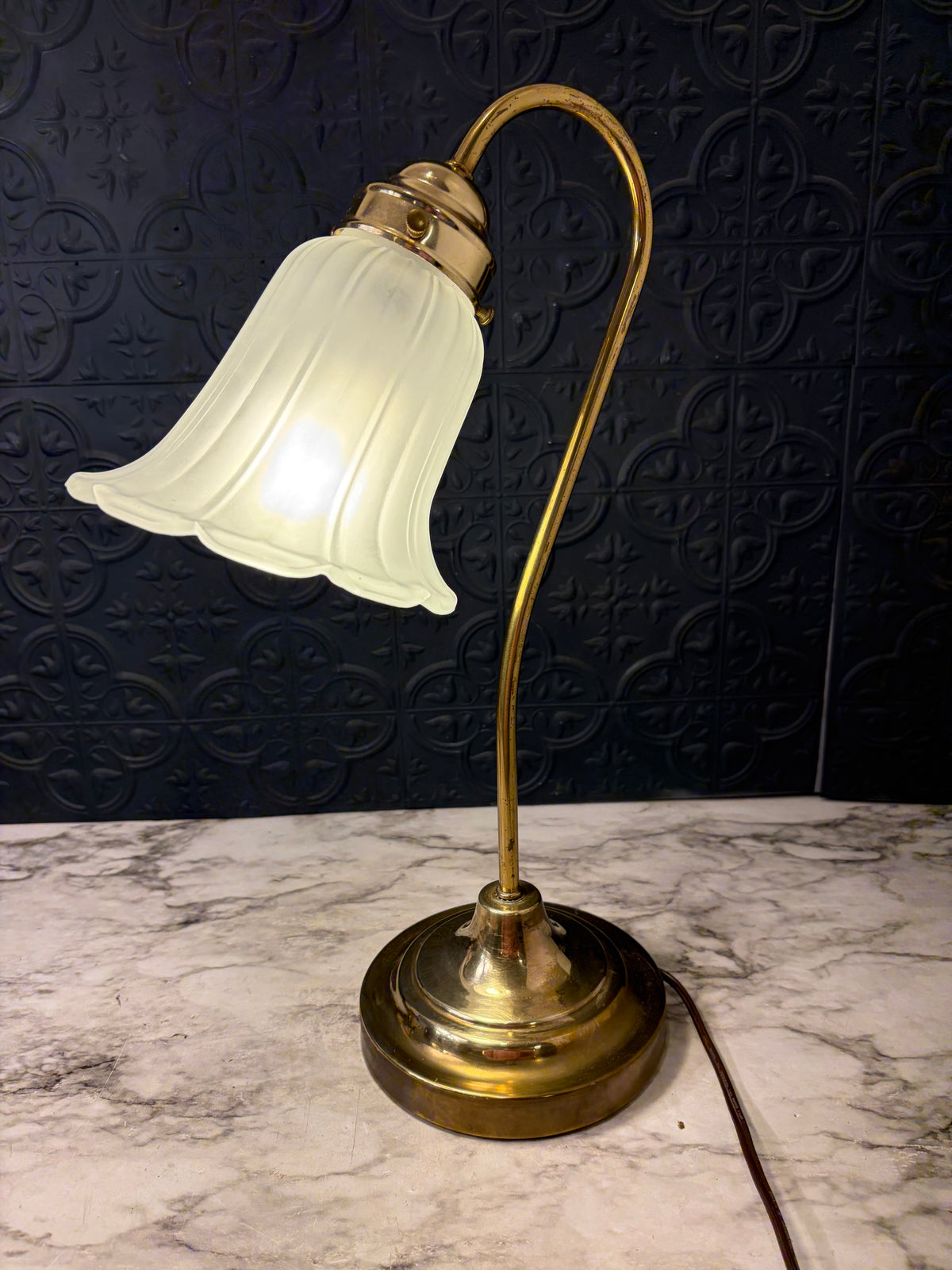 Brass Gooseneck Lamp with Satin Glass Shade