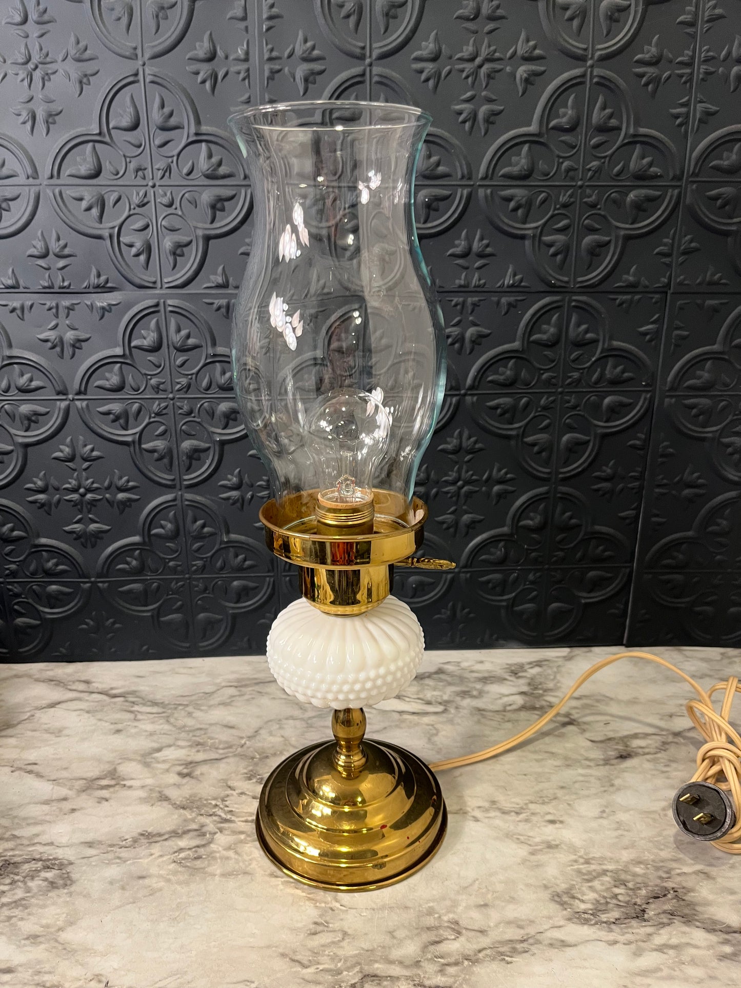 Brass and Milk Glass Lamp with Hurricane