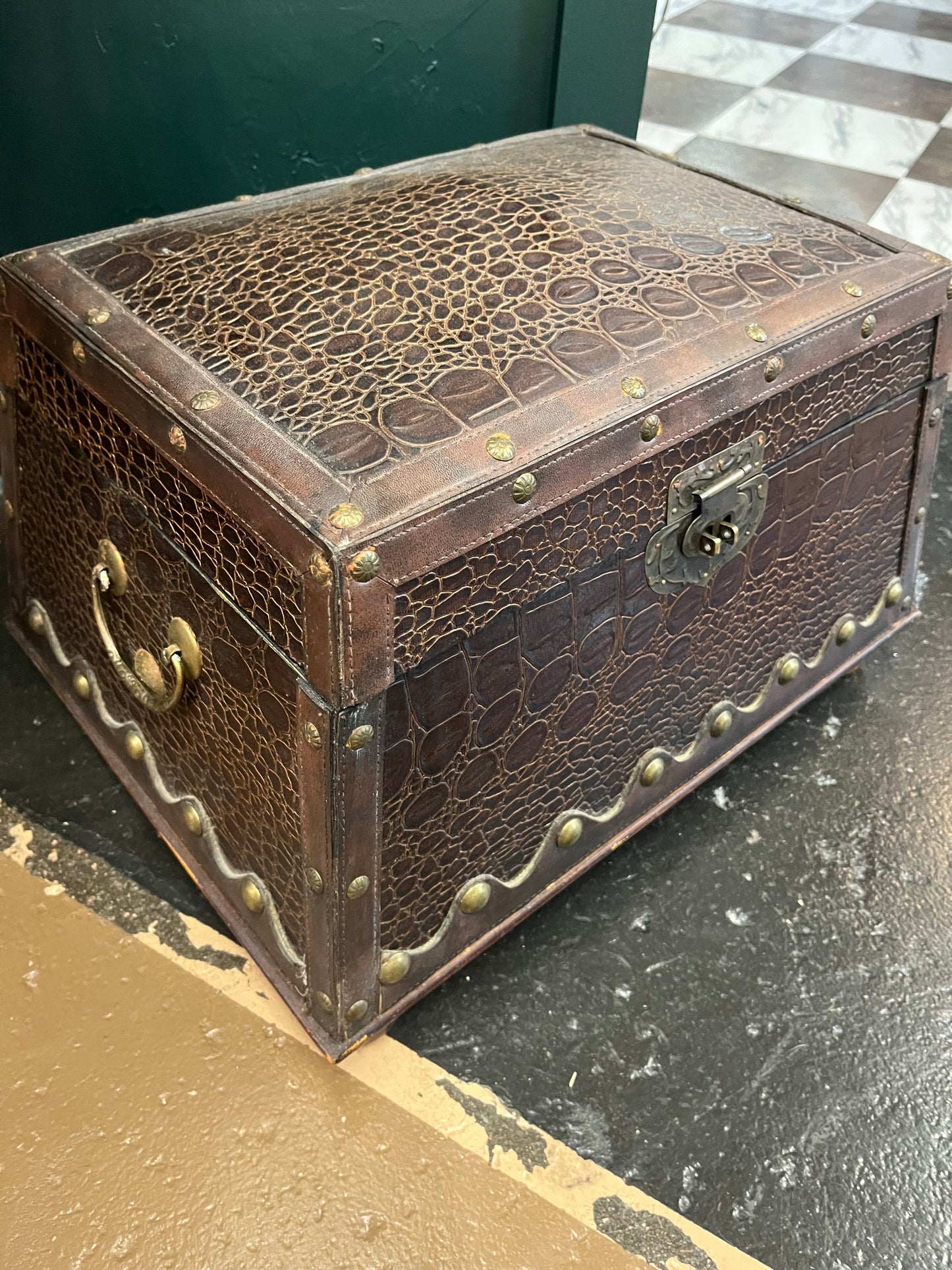 Footed Faux Alligator Chest With Handles