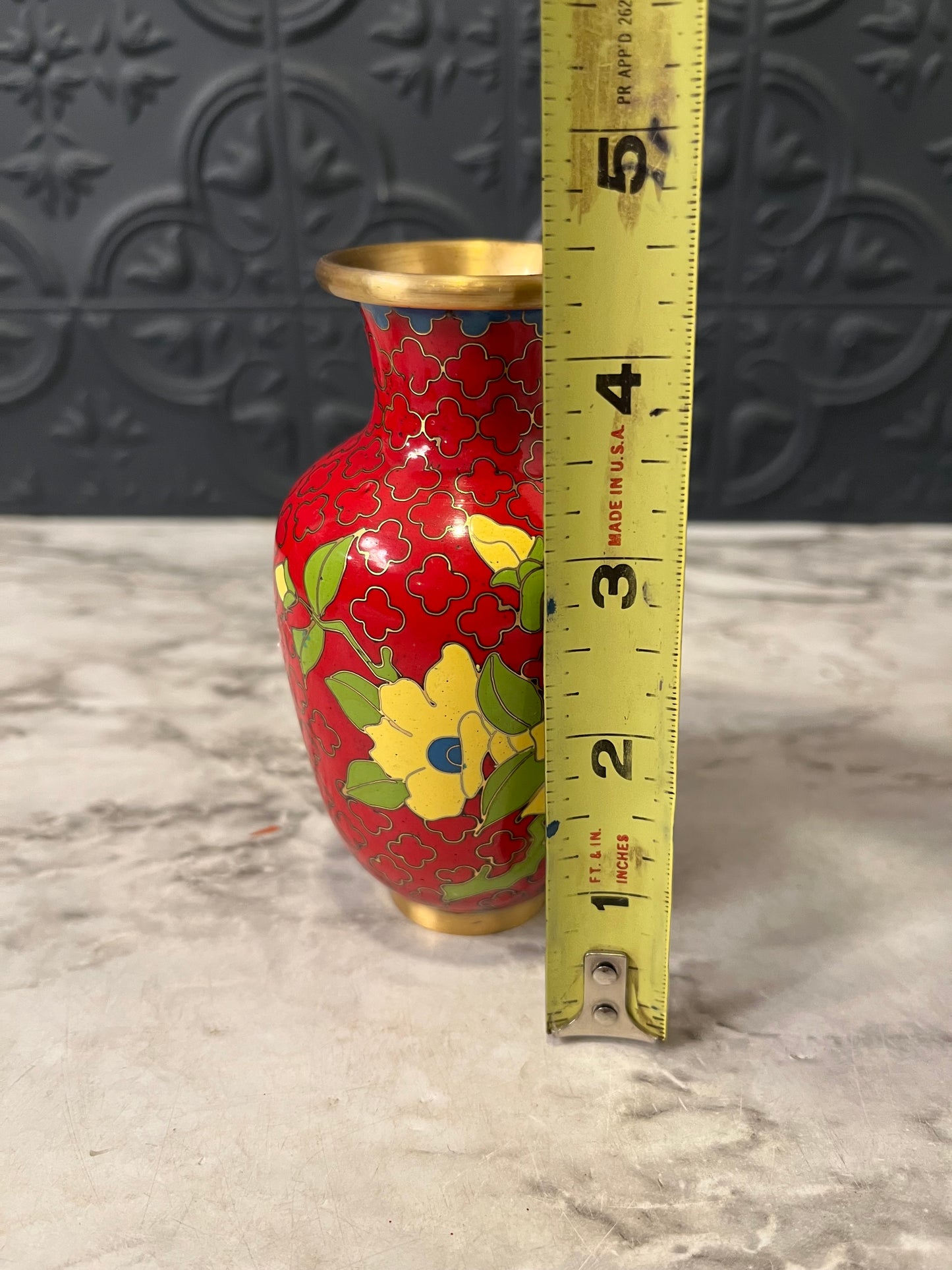Mini Brass and Red Cloisonne Vase with Yellow Flowers