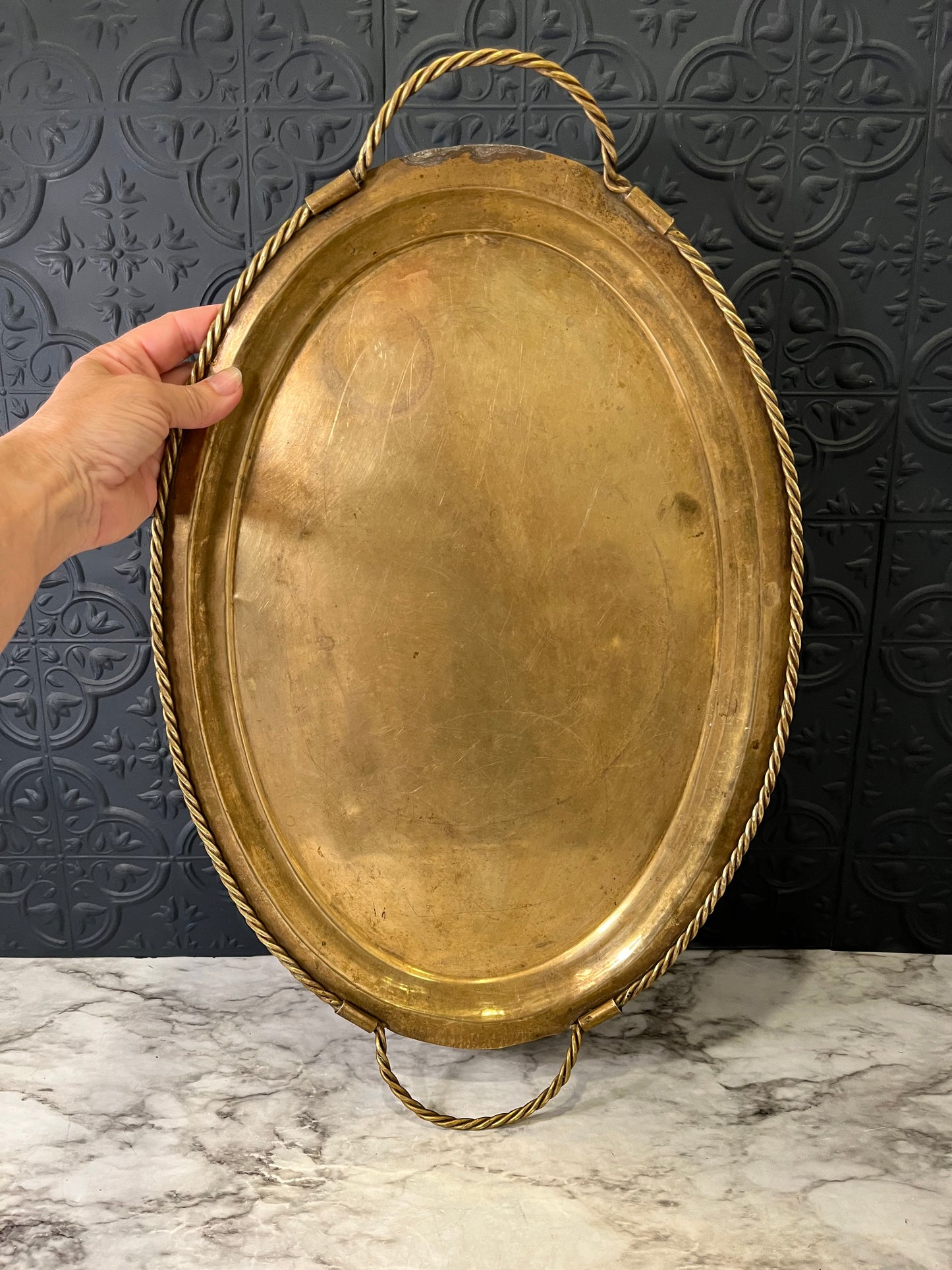 Large Oval Brass Tray with Rope Detail