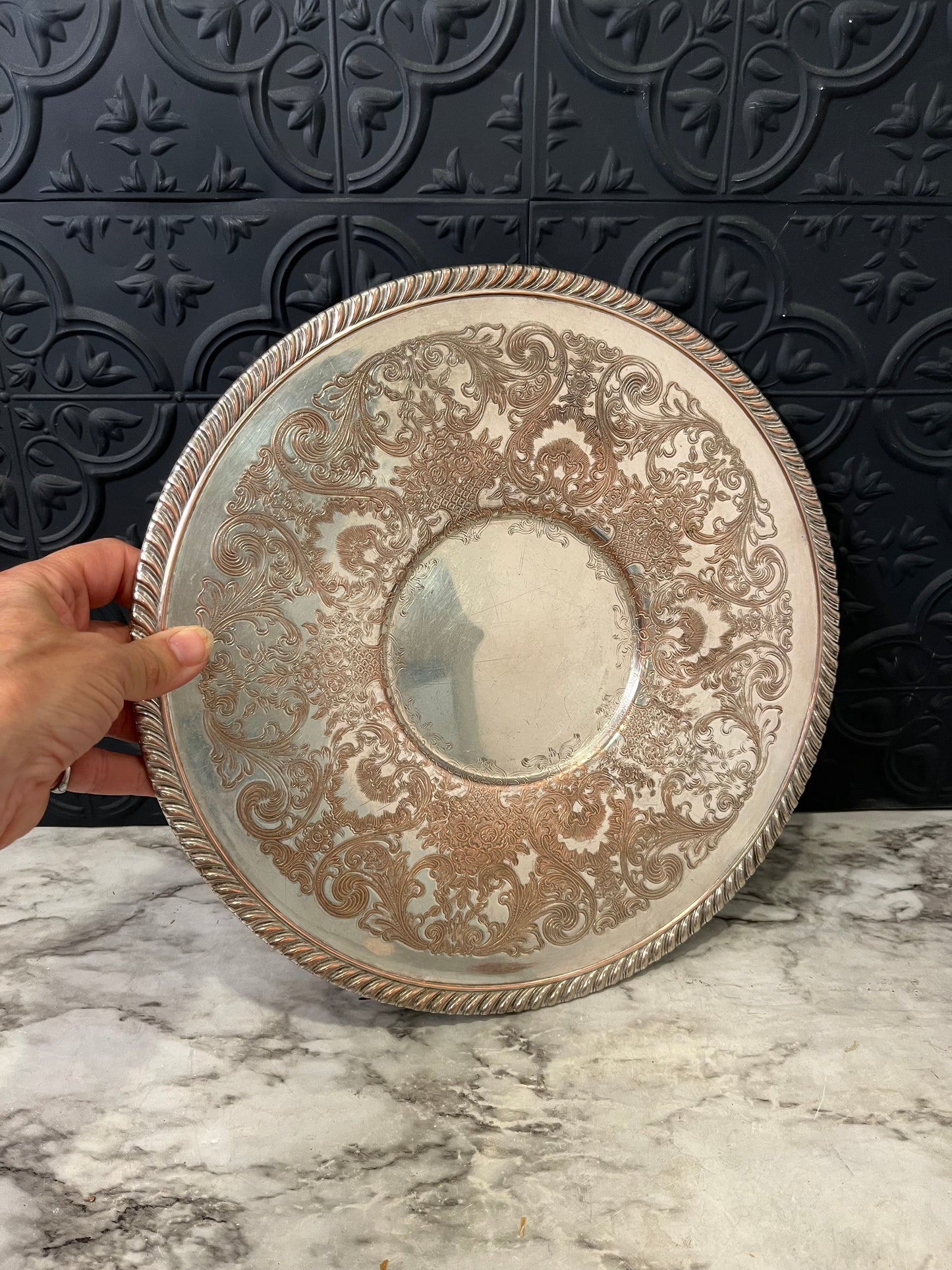 Etched Round Silver Plated Tray with Rope Rim