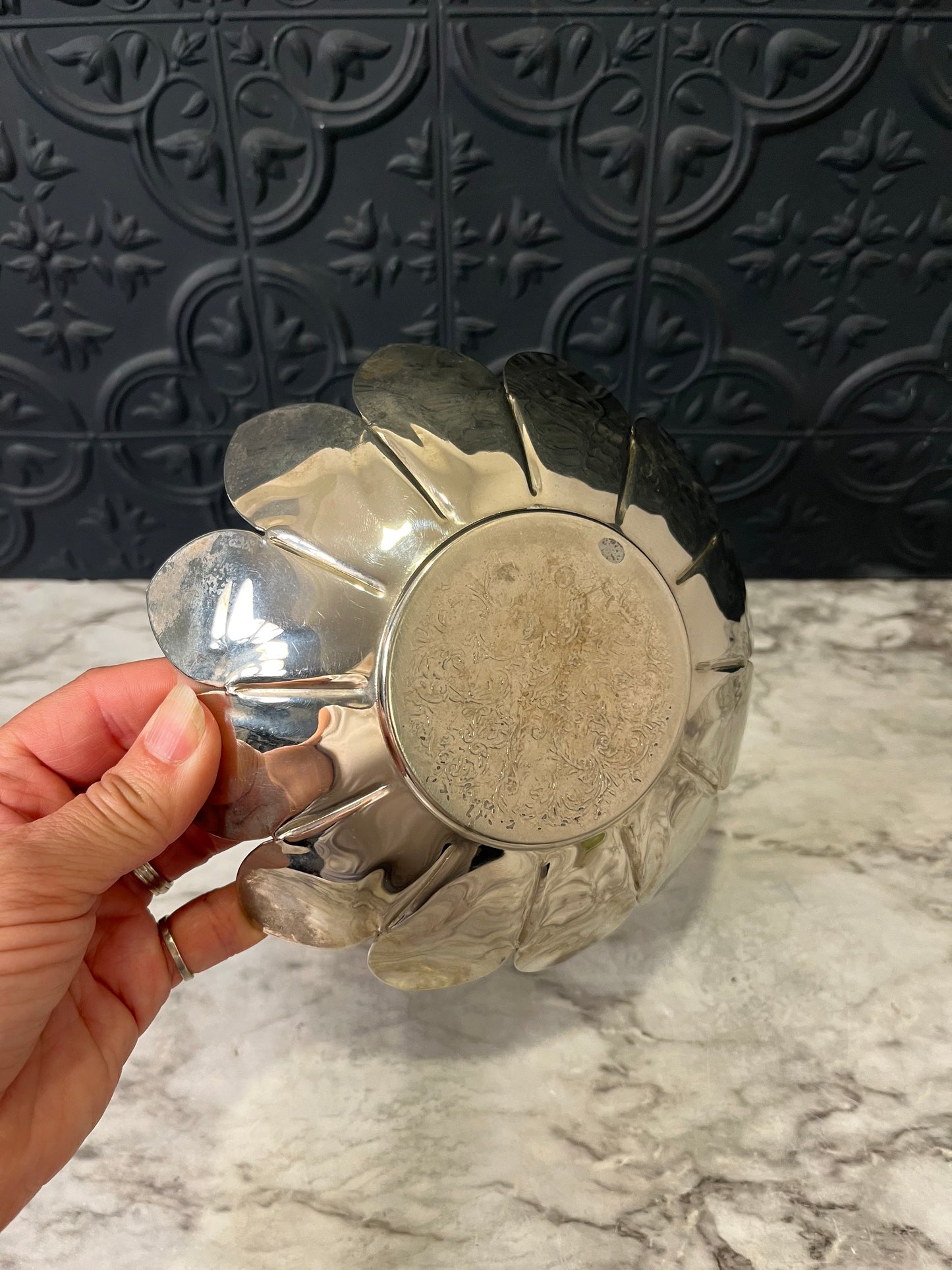 Silver Plate Lotus Bowl with Etching