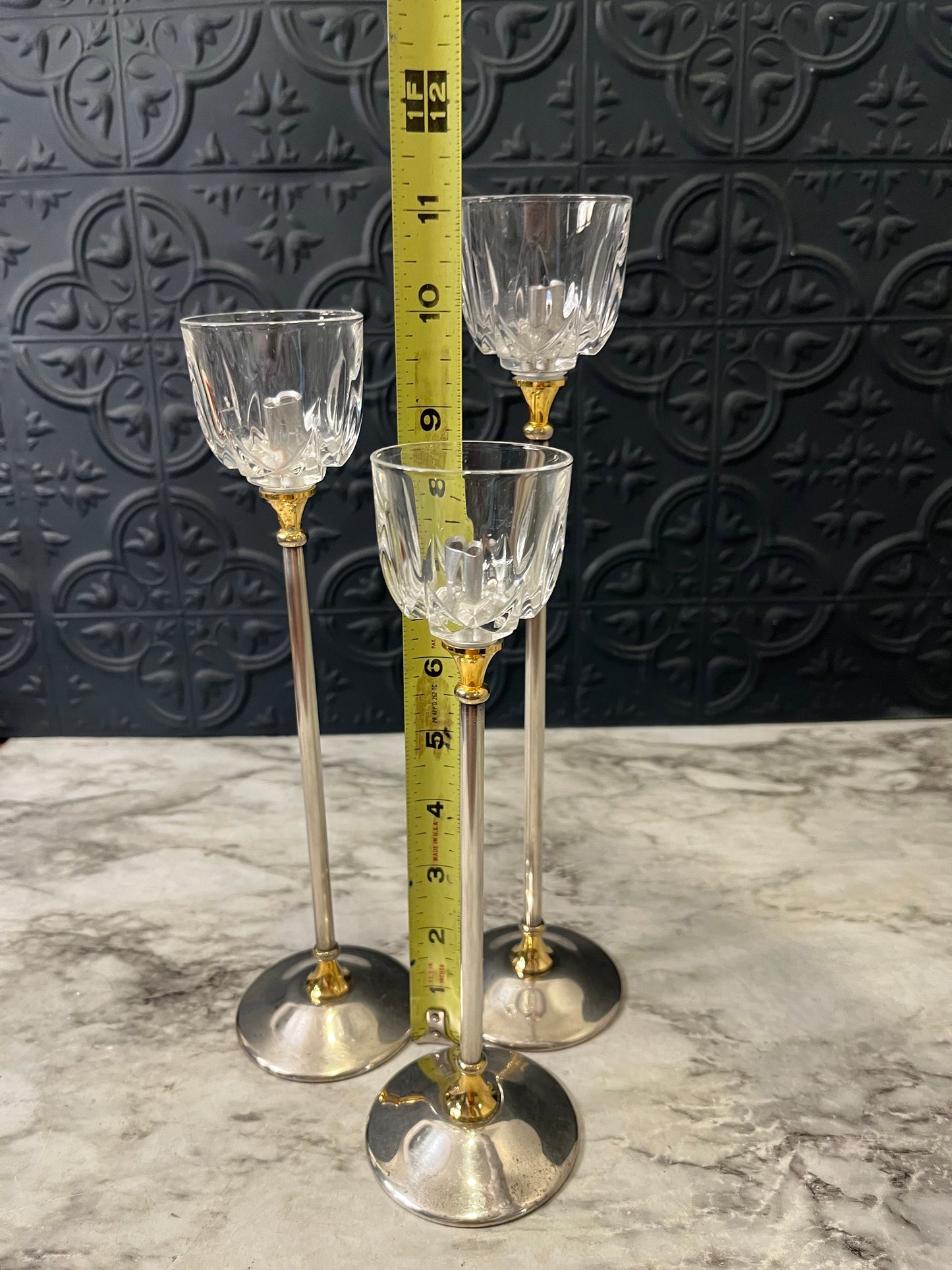 Set of 3 Crystal and Silver Plate Candle Holders