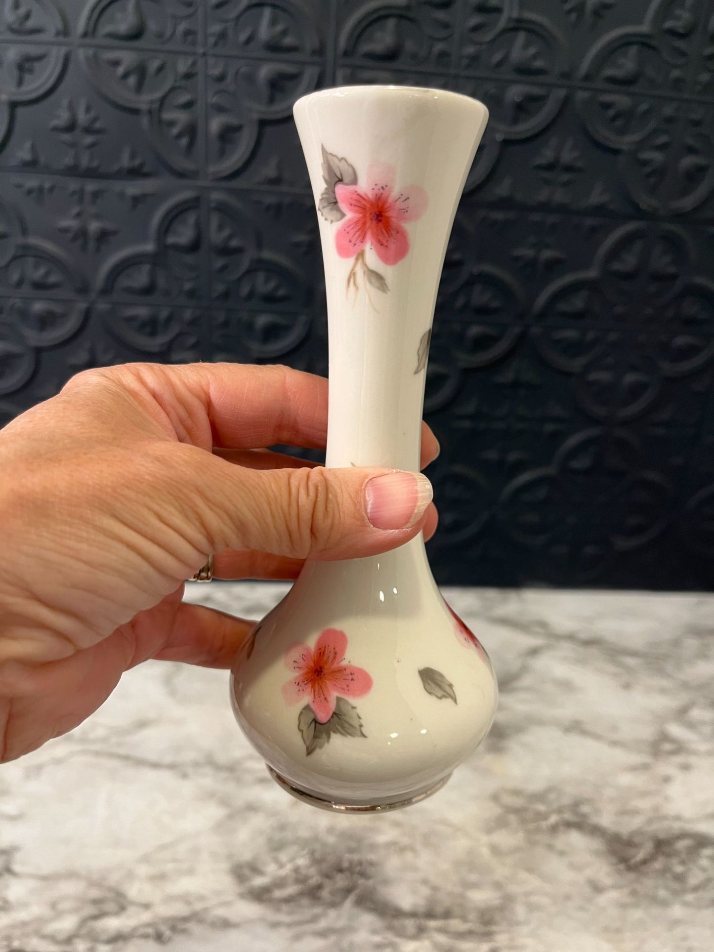 White Vase With Pink Flowers - Small