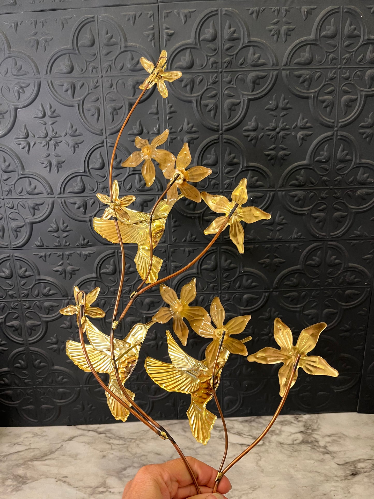 Brass Hummingbird and Flower Wall Hanging