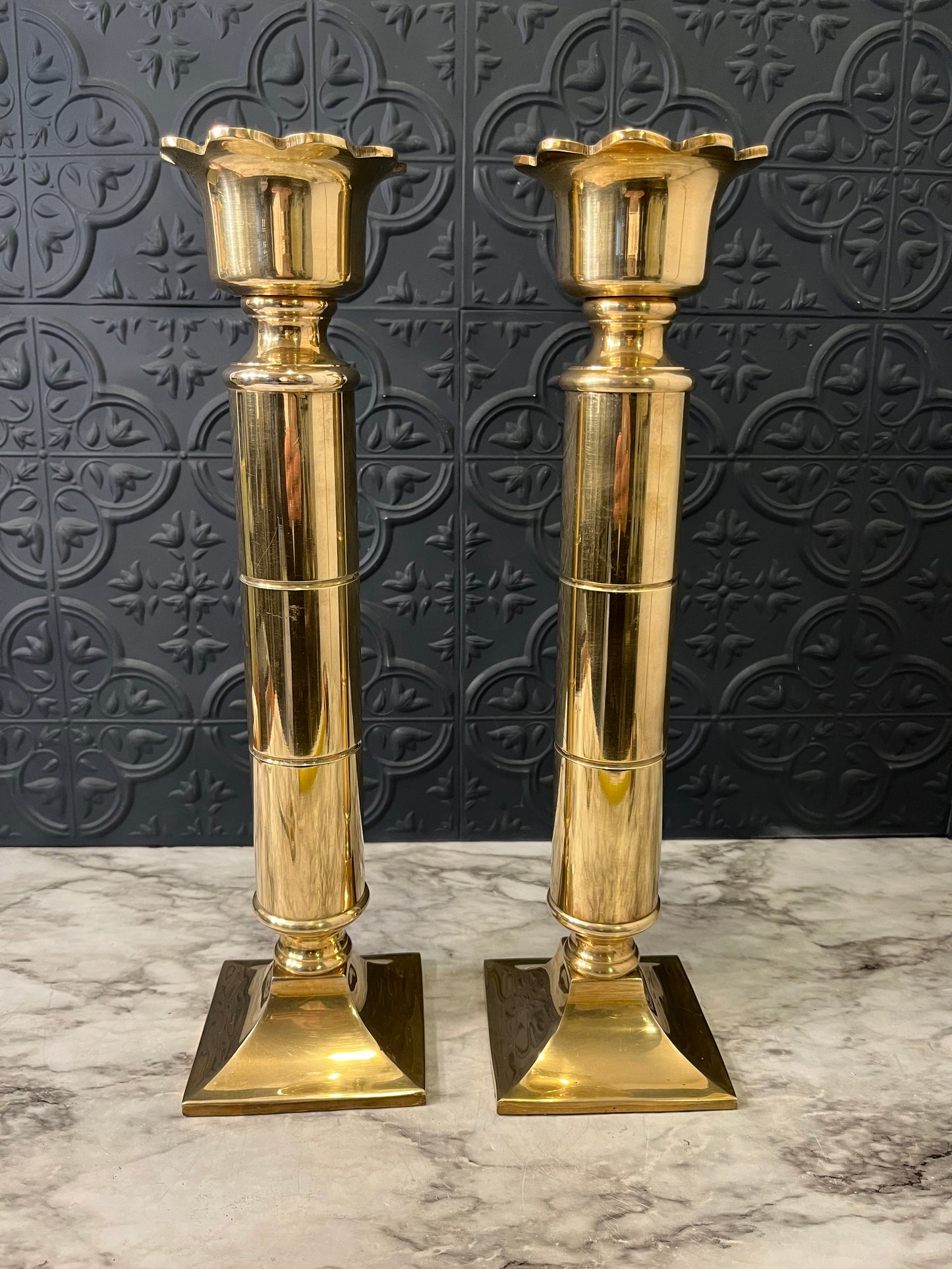 Large Brass Candle Holders with Flower Top x2