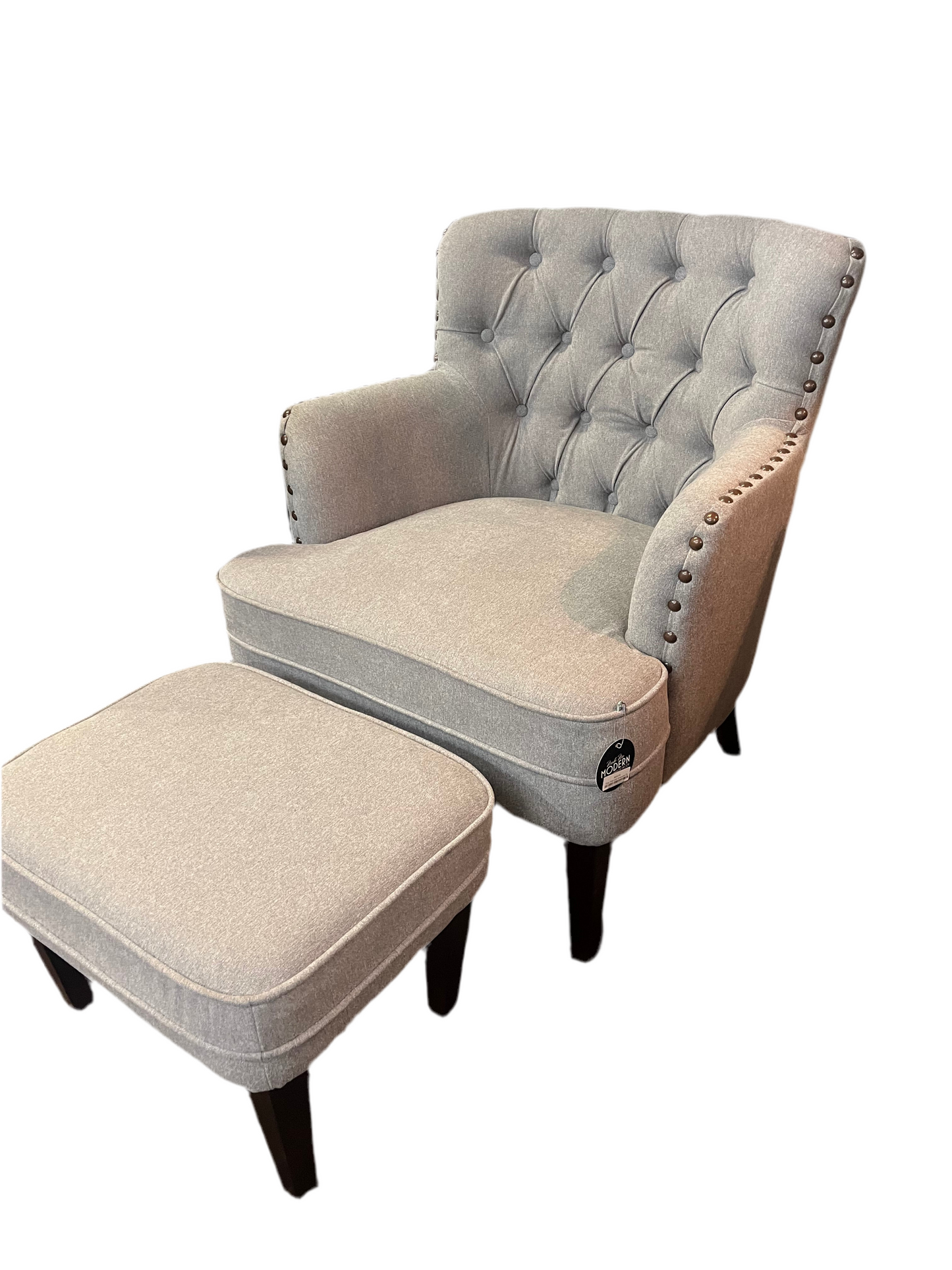 Grey Chair with Rivets and Ottoman