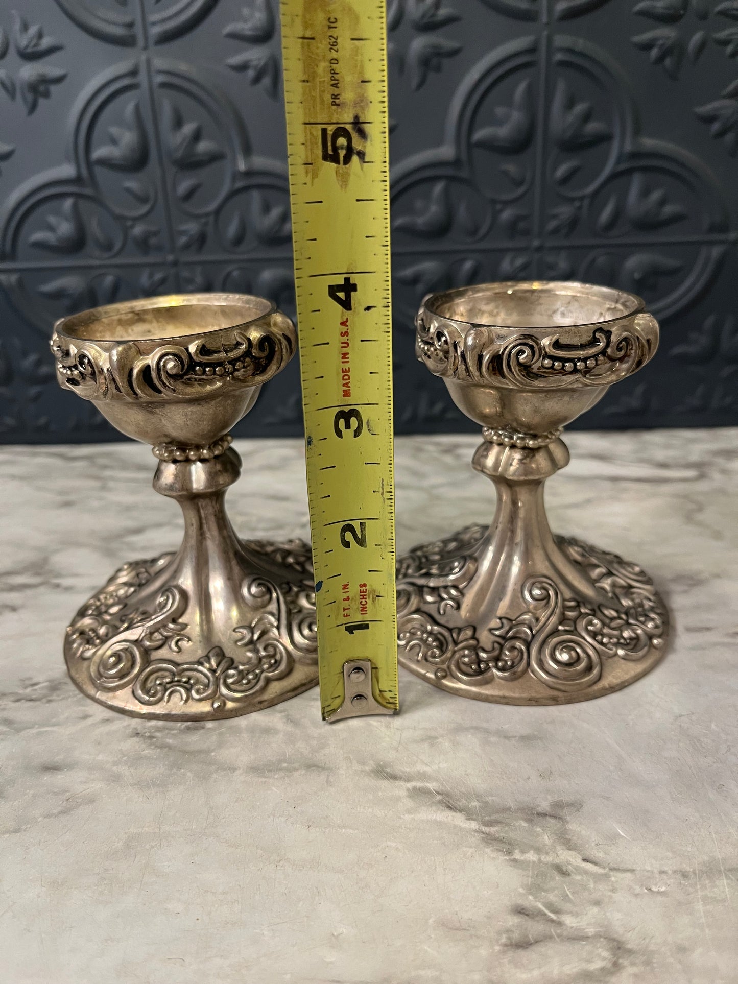 Short Silver Plate Godinger Ornate candle holder x 2