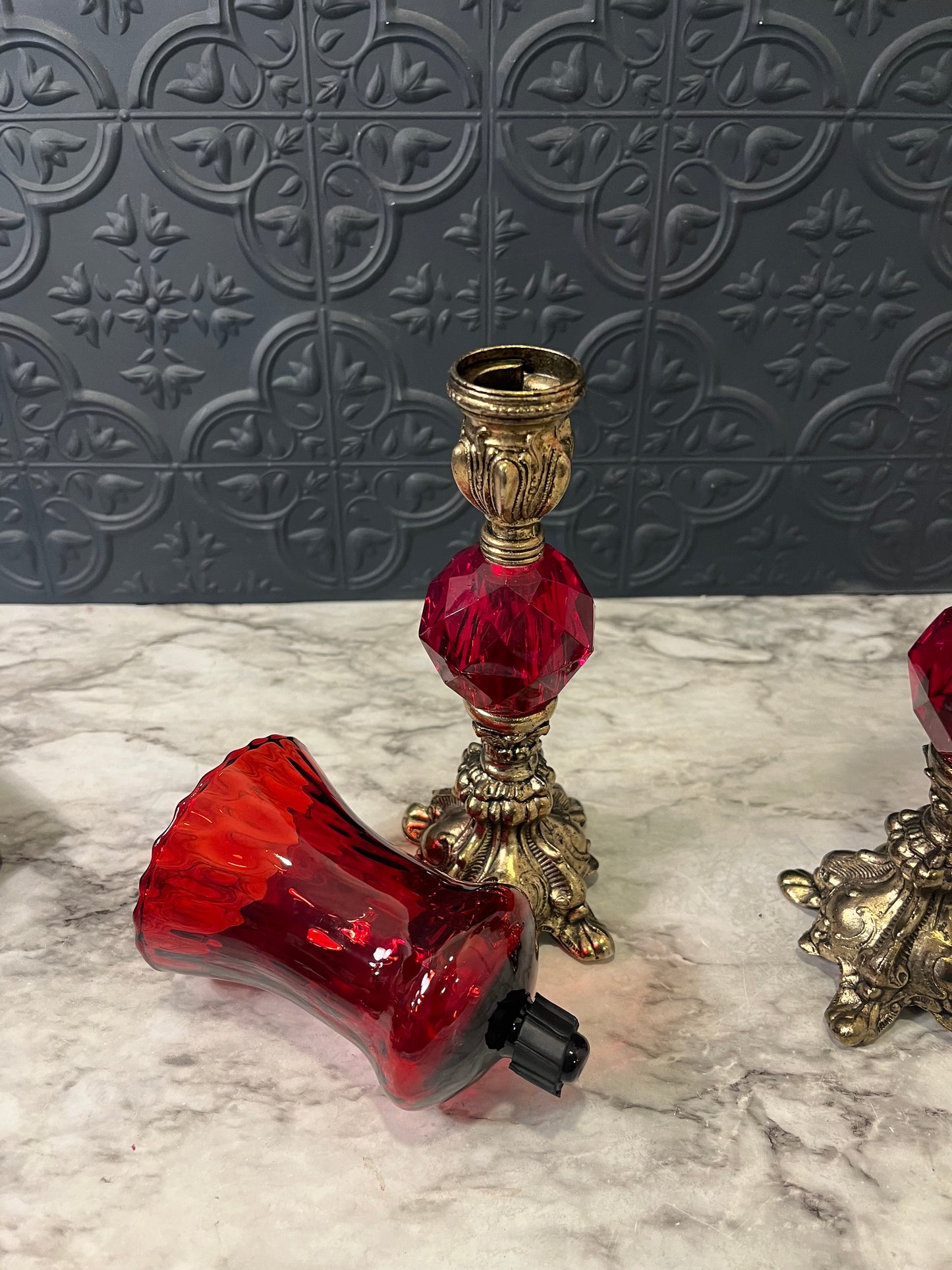 Hollywood Regency ruby Red Votive Candle Holder x 2