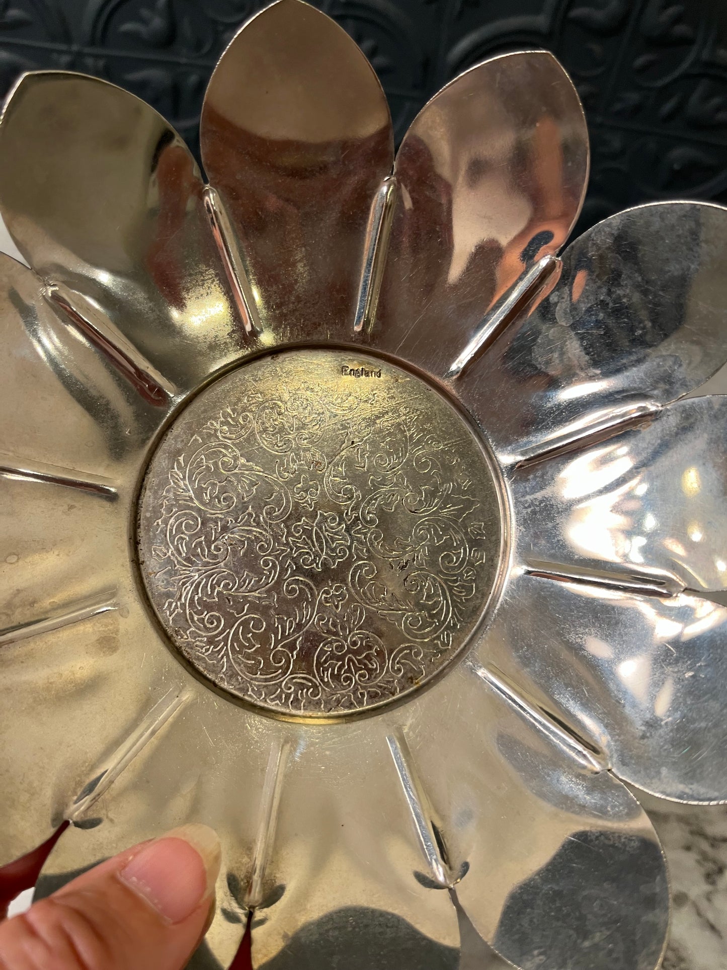 Silver Plate Lotus Bowl with Etching