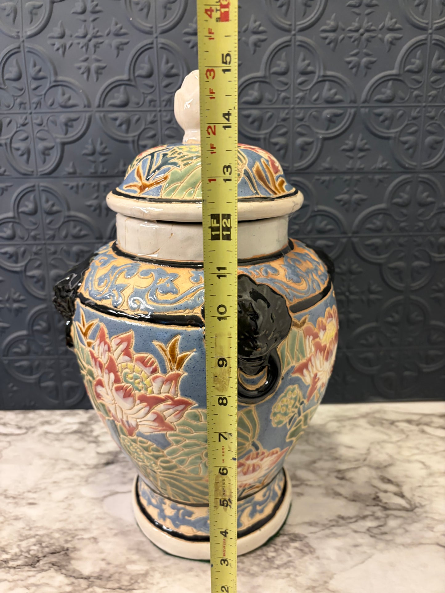 Ceramic Ginger Jar with Flowers and Lion Handles AS IS
