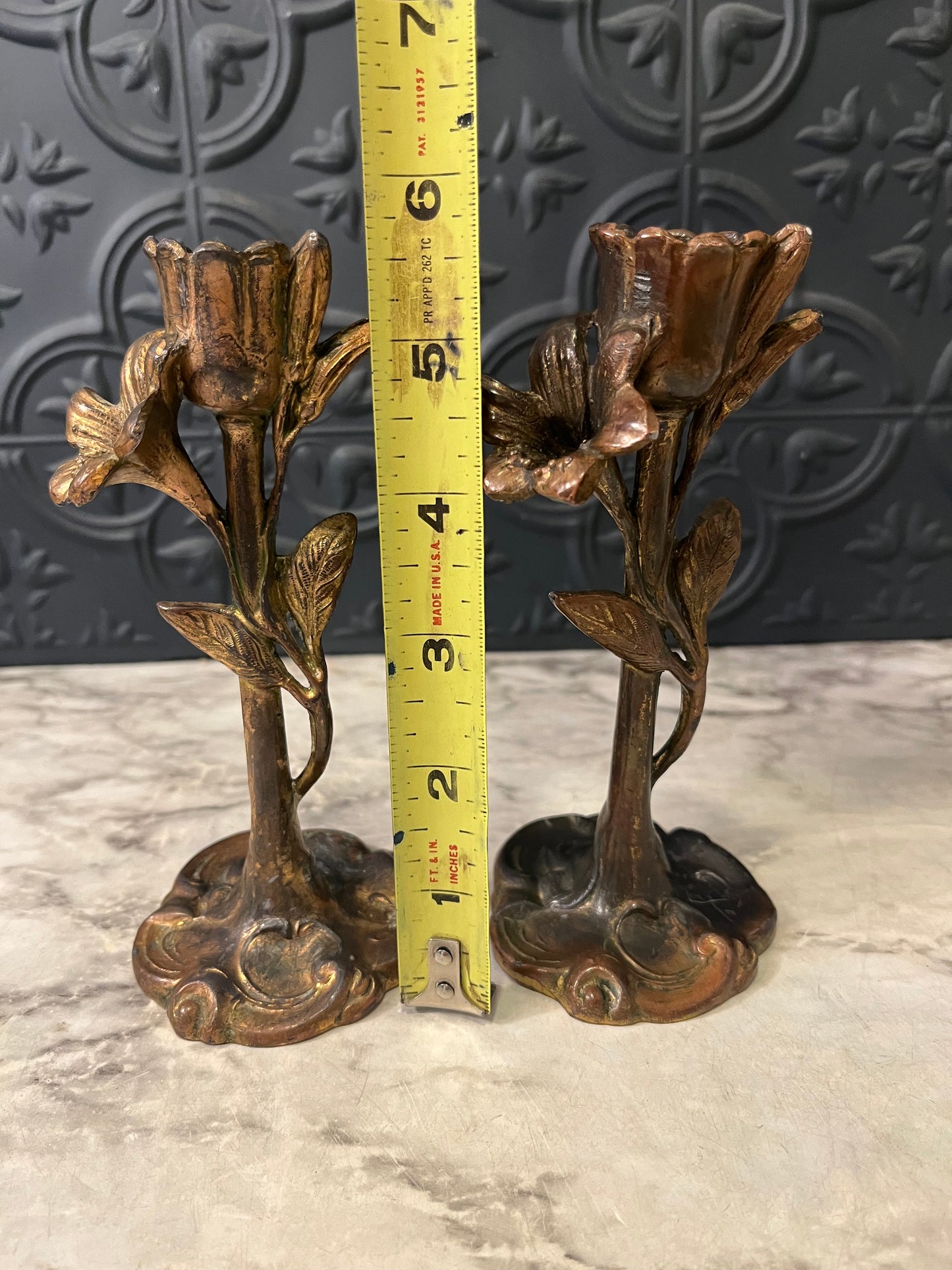 Brass Art Nouveau Candlestick set with flowers