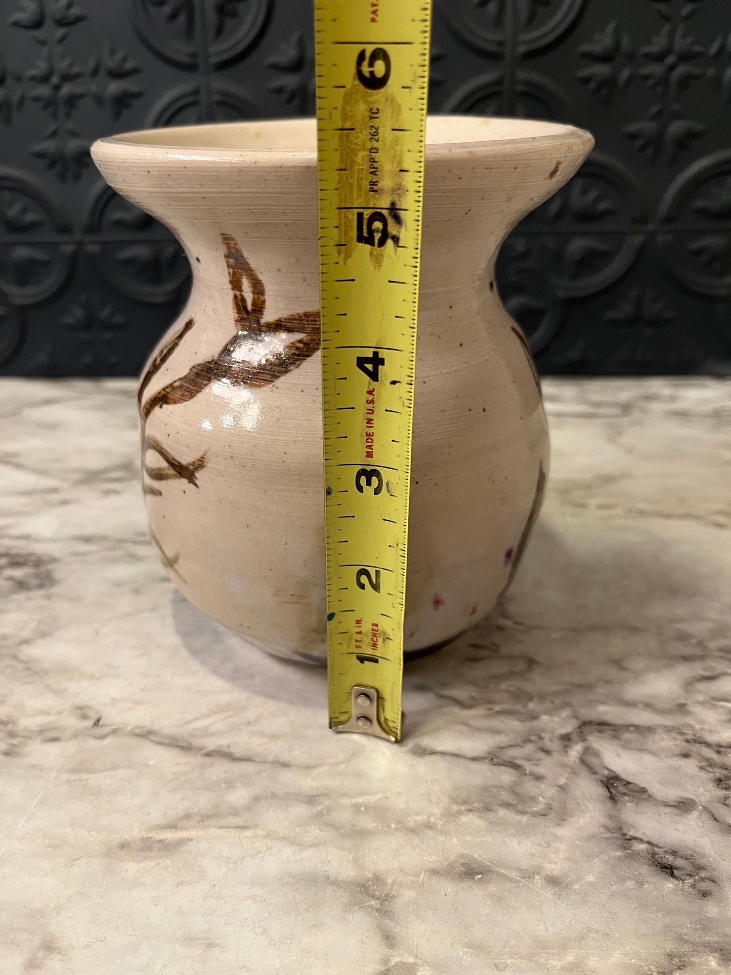 Fluted Cream Pottery Vase with Leaf design