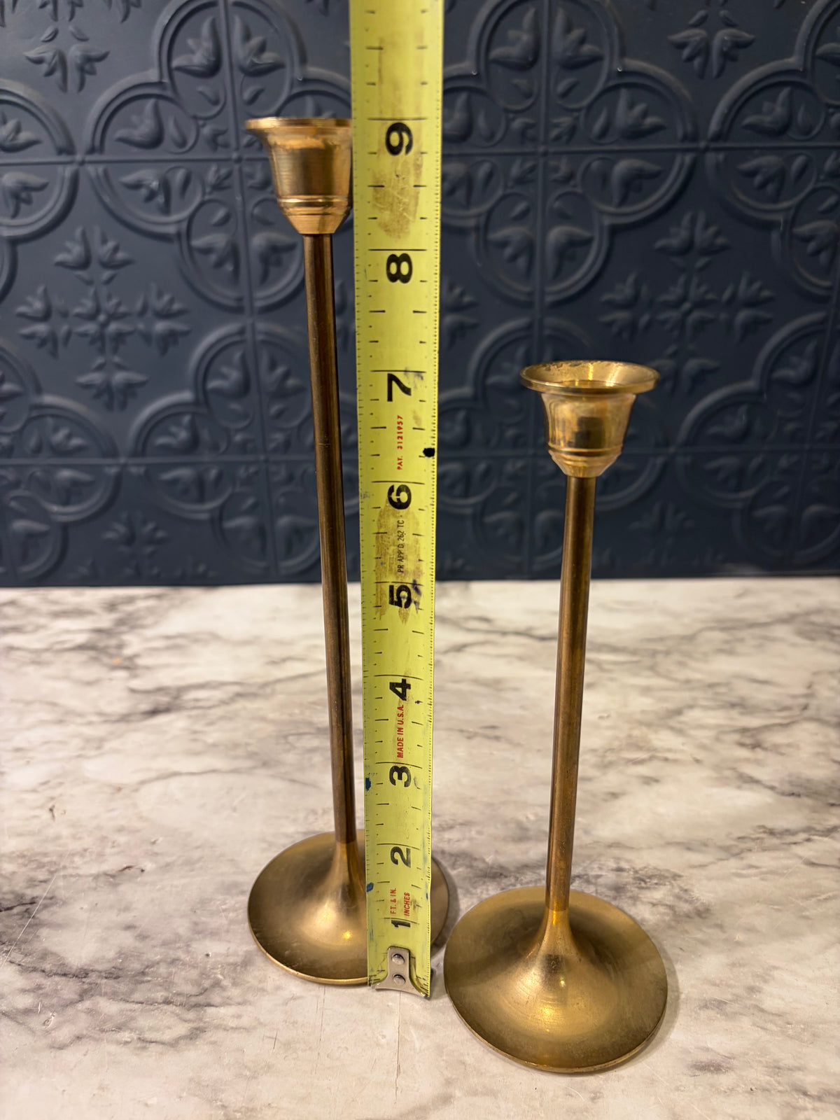 9 and 7" Skinny Brass Candlestick Pair