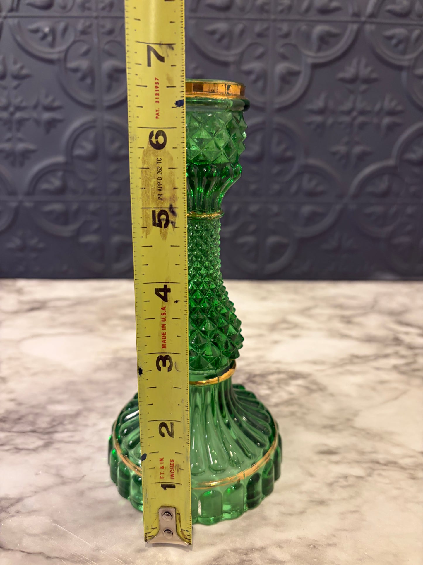 Green Glass Diamond Candle Holder with Gold Trim