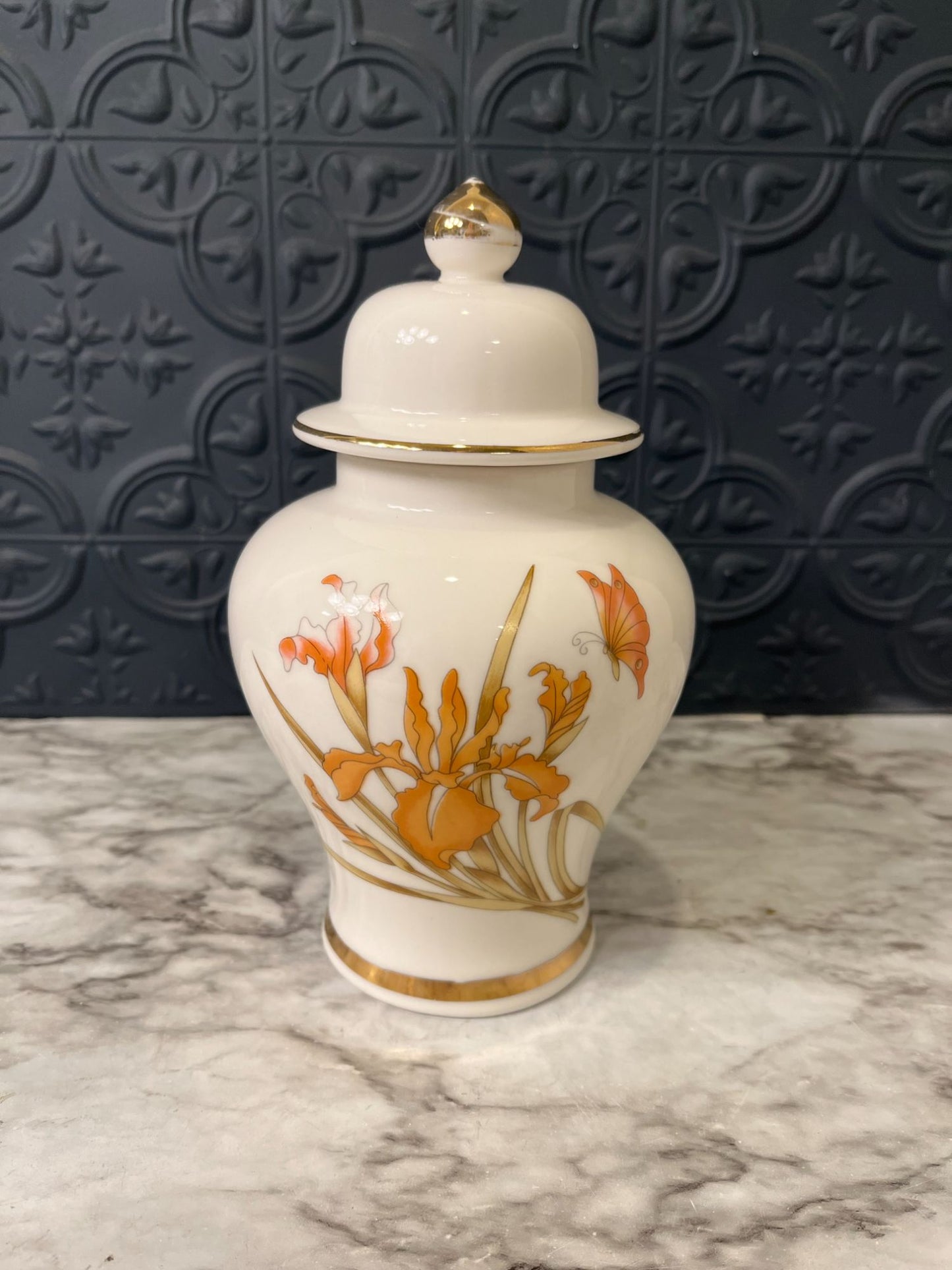 Vintage Gold and White Japanese Ginger Jar with Iris