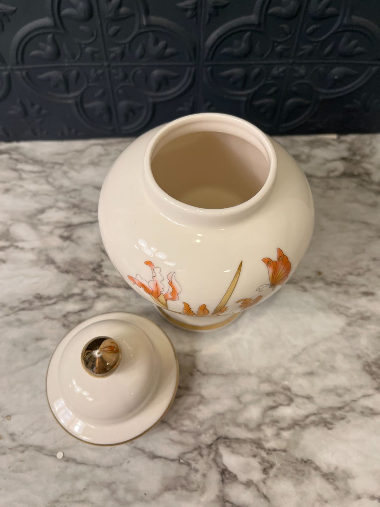 Vintage Gold and White Japanese Ginger Jar with Iris