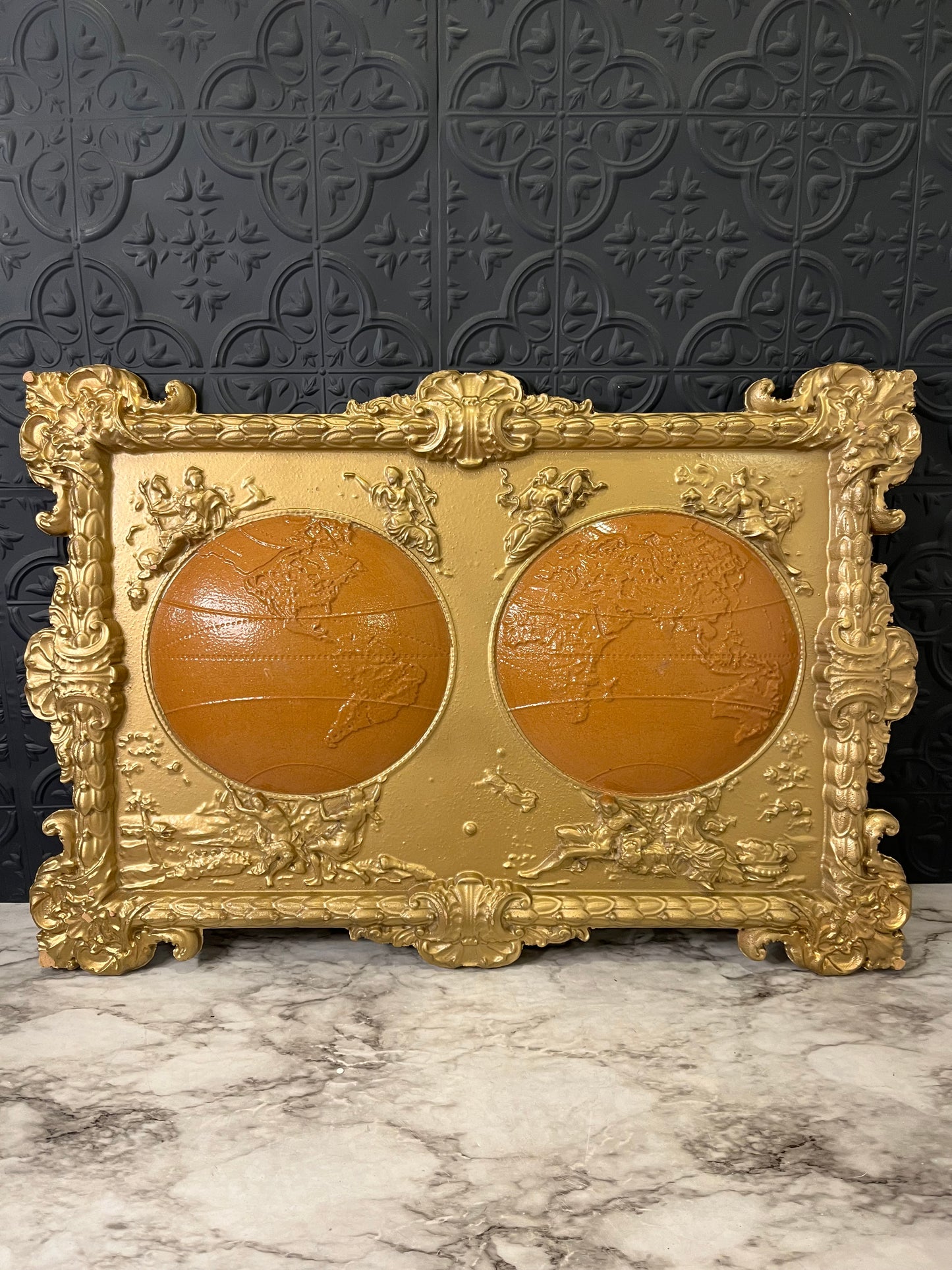 World Map with Ornate Plastic gold frame