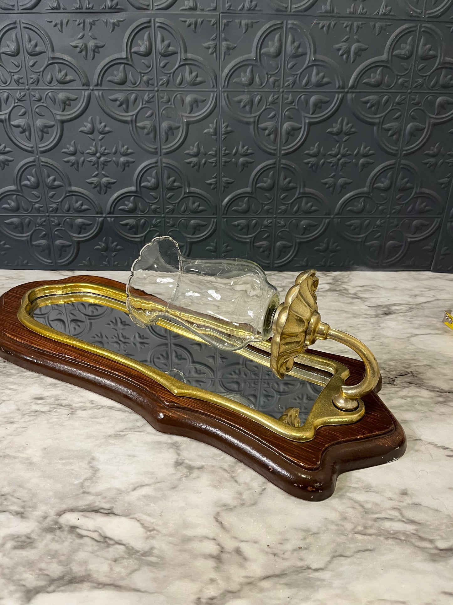 Mirror Sconce with Brass and Wood with Hurricane