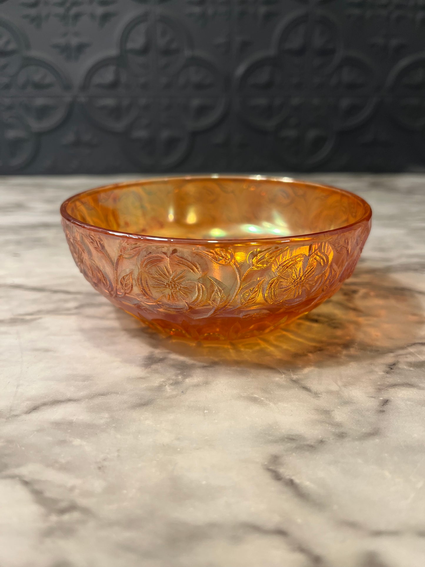 Marigold Carnival Glass Bowl with Dogwood Flowers