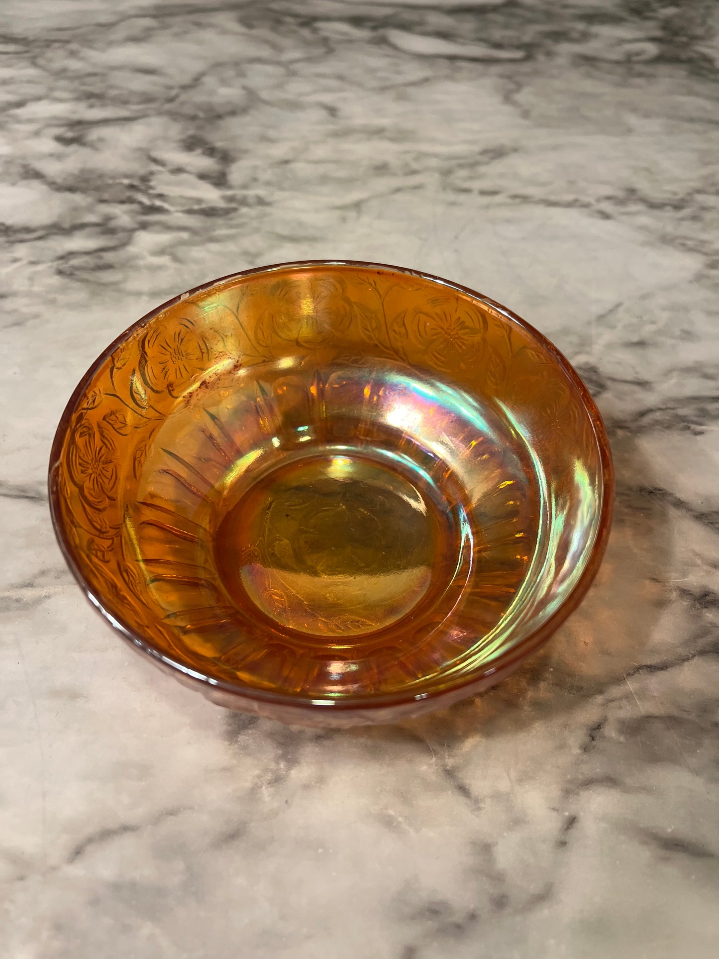 Marigold Carnival Glass Bowl with Dogwood Flowers