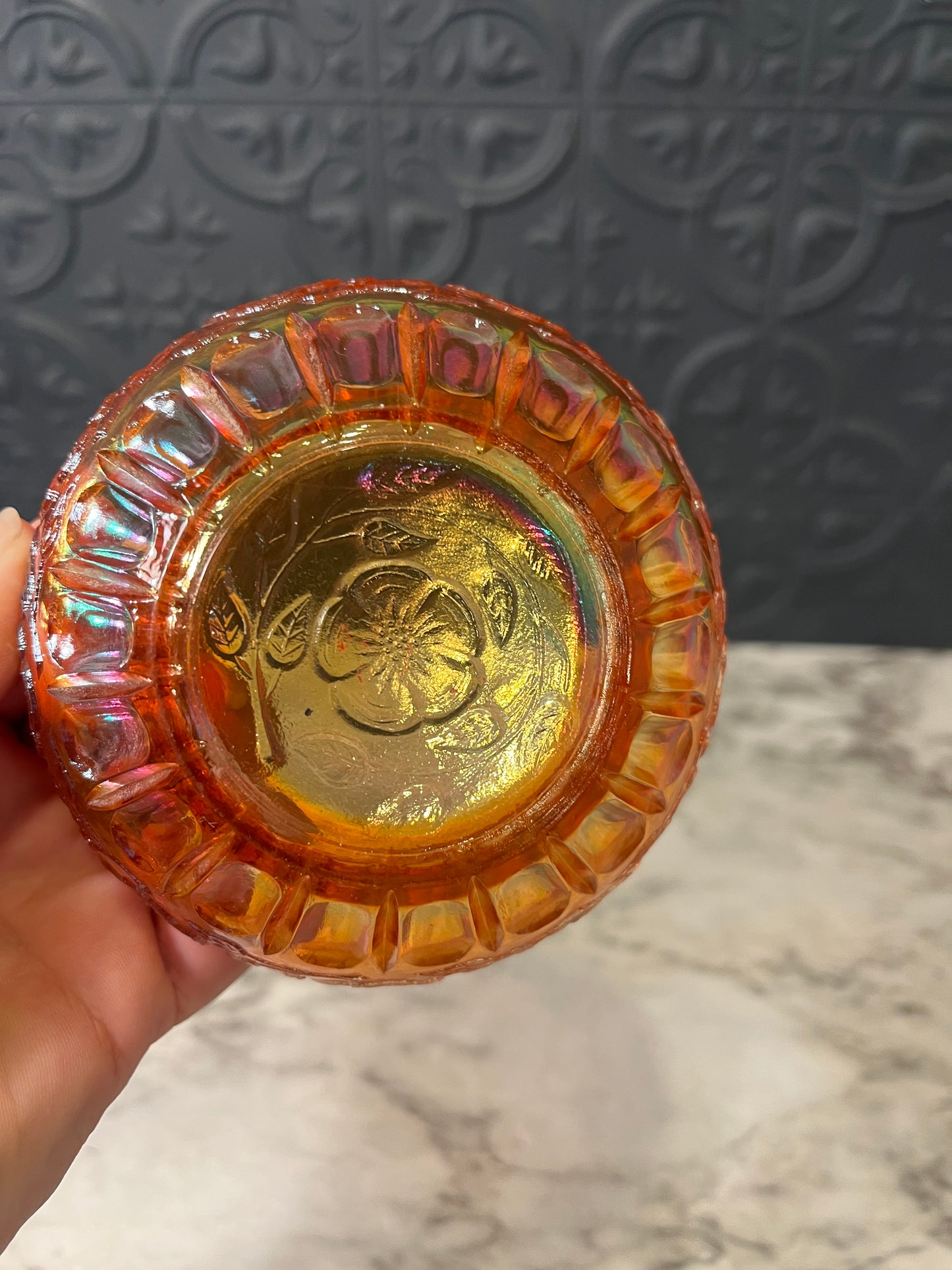 Marigold Carnival Glass Bowl with Dogwood Flowers