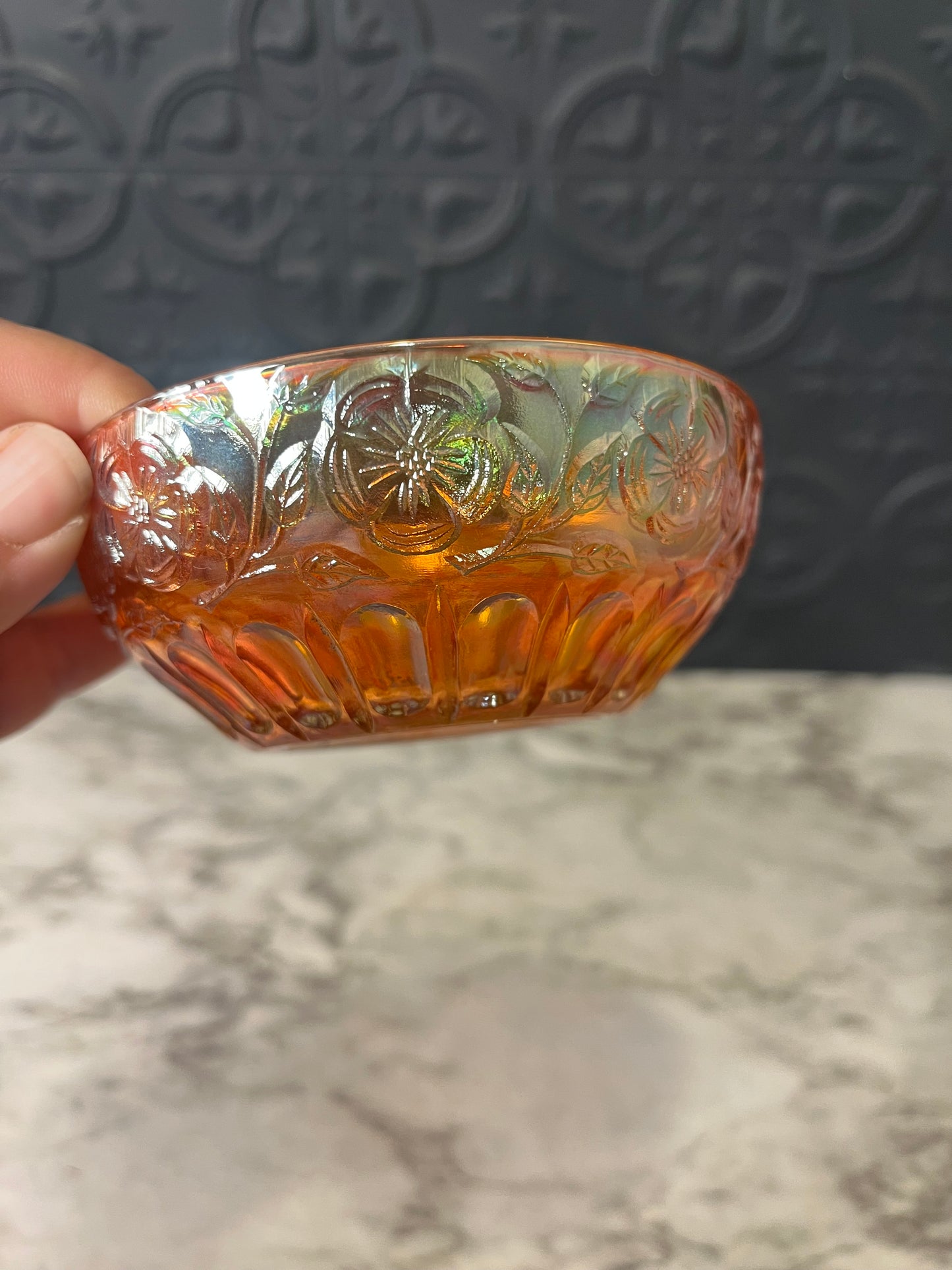 Marigold Carnival Glass Bowl with Dogwood Flowers