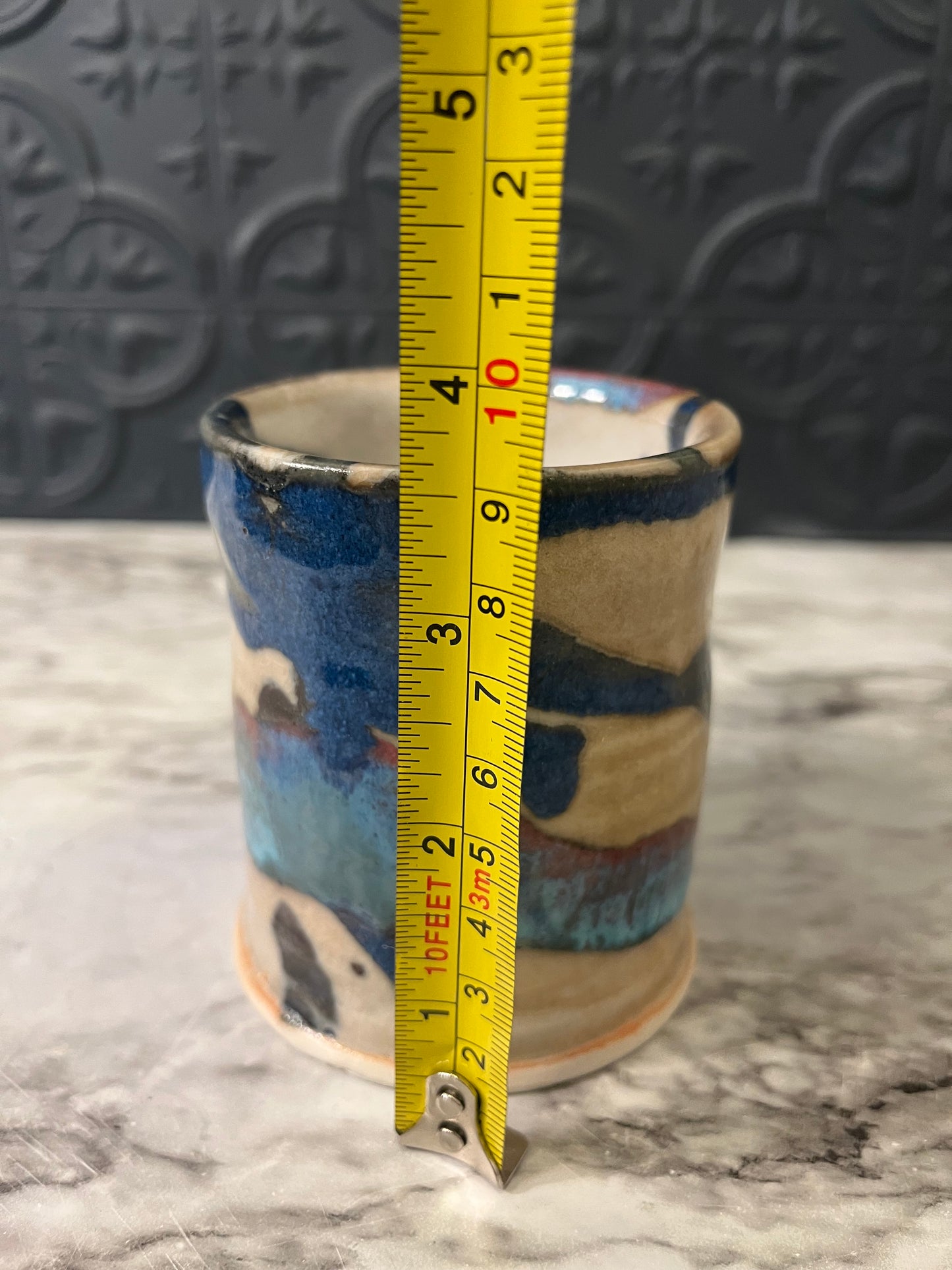 Studio Pottery Tall Cup with Bluish Lines