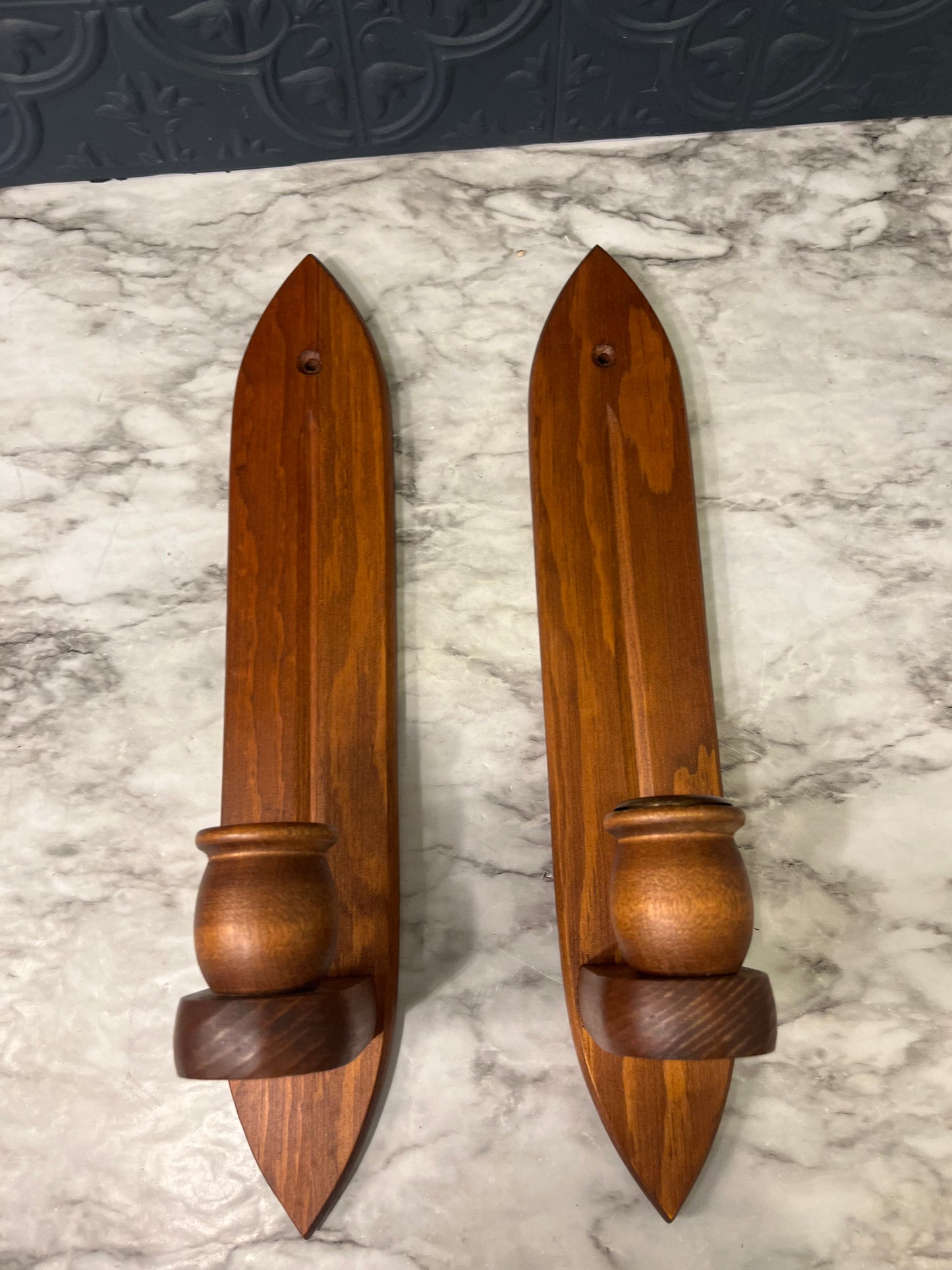 Wood Candle Sconces x 2 Pointed Oval with Larger Candle cup