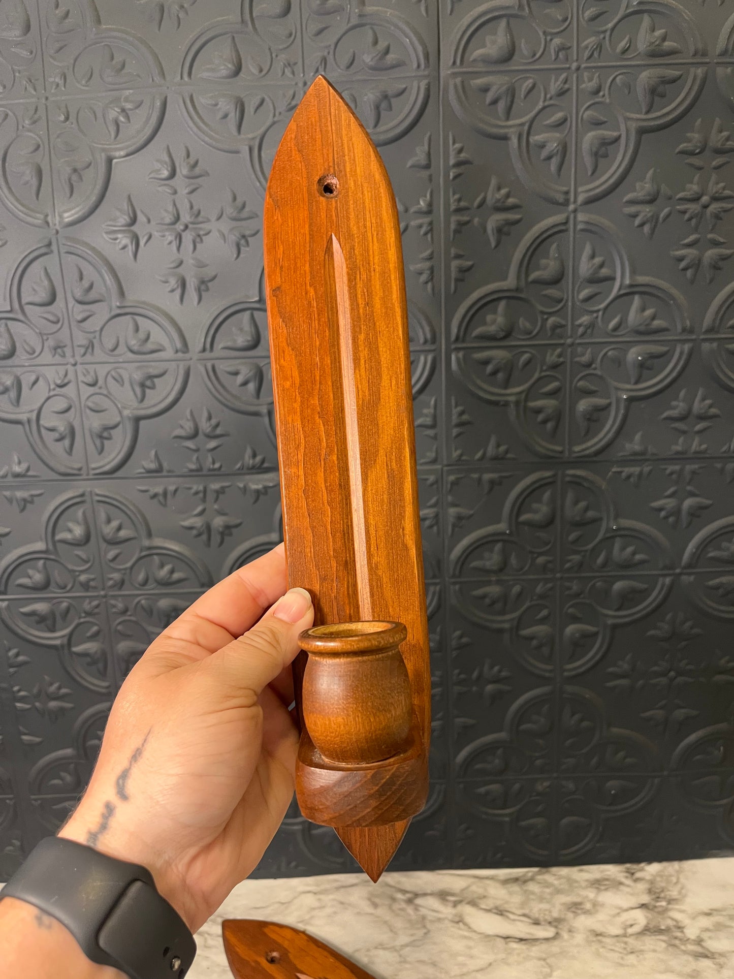 Wood Candle Sconces x 2 Pointed Oval with Larger Candle cup