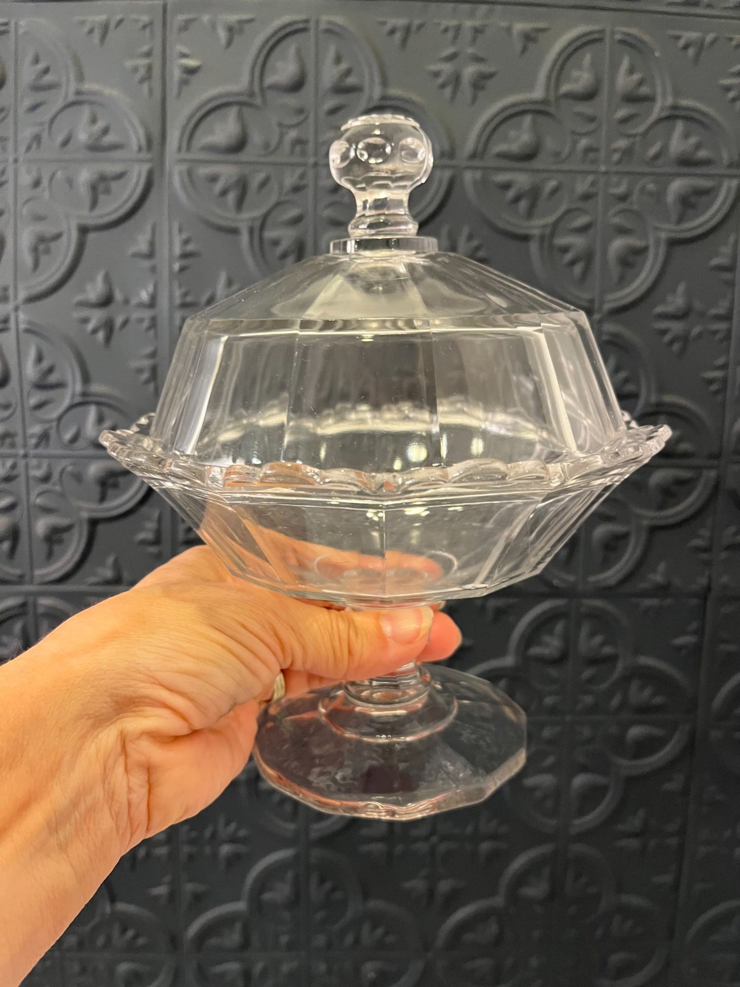 Pressed Glass Compote with Lid George Duncan and sons