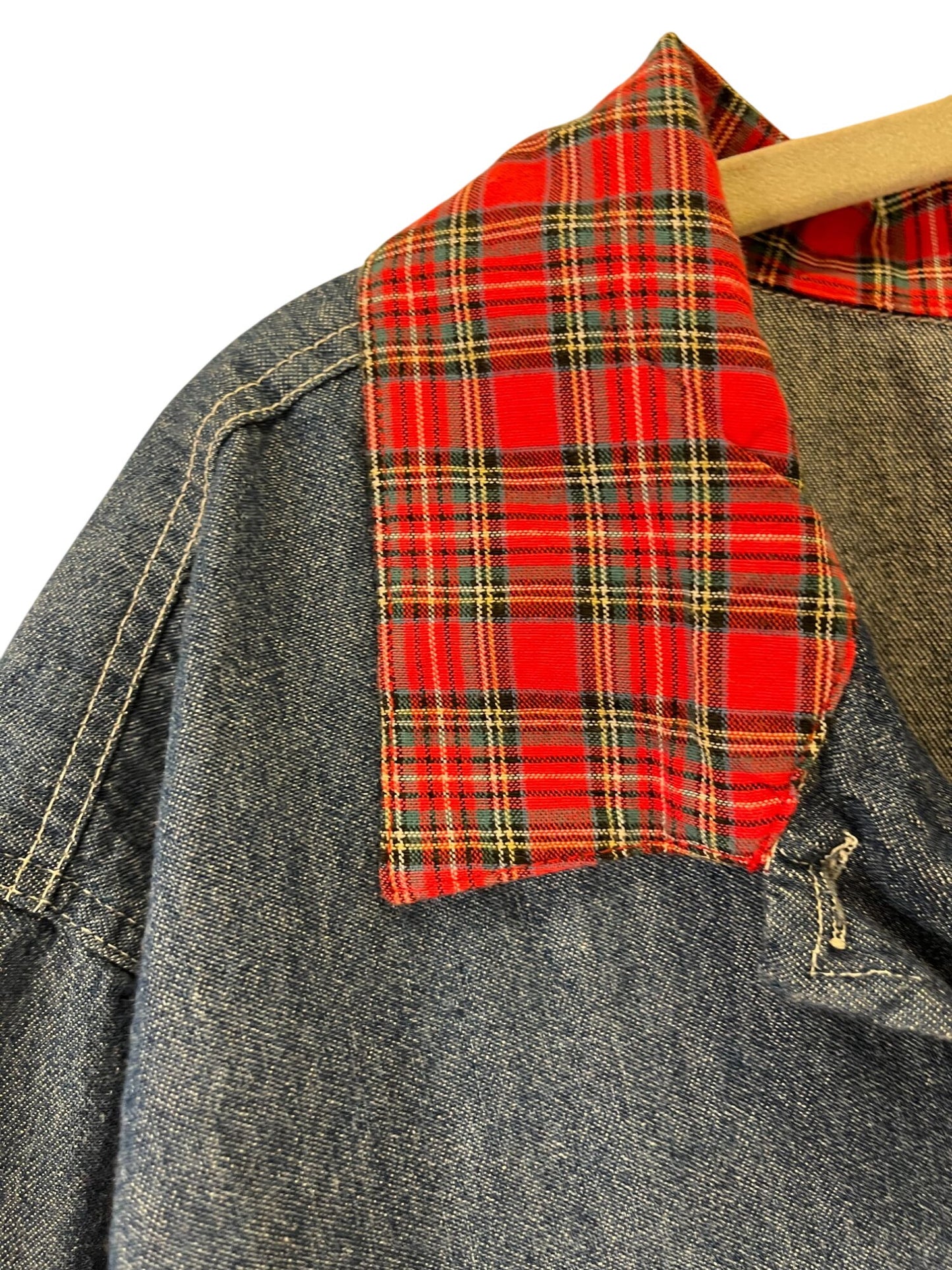 Vintage Capacity Denim Jacket With Red Plaid Collar