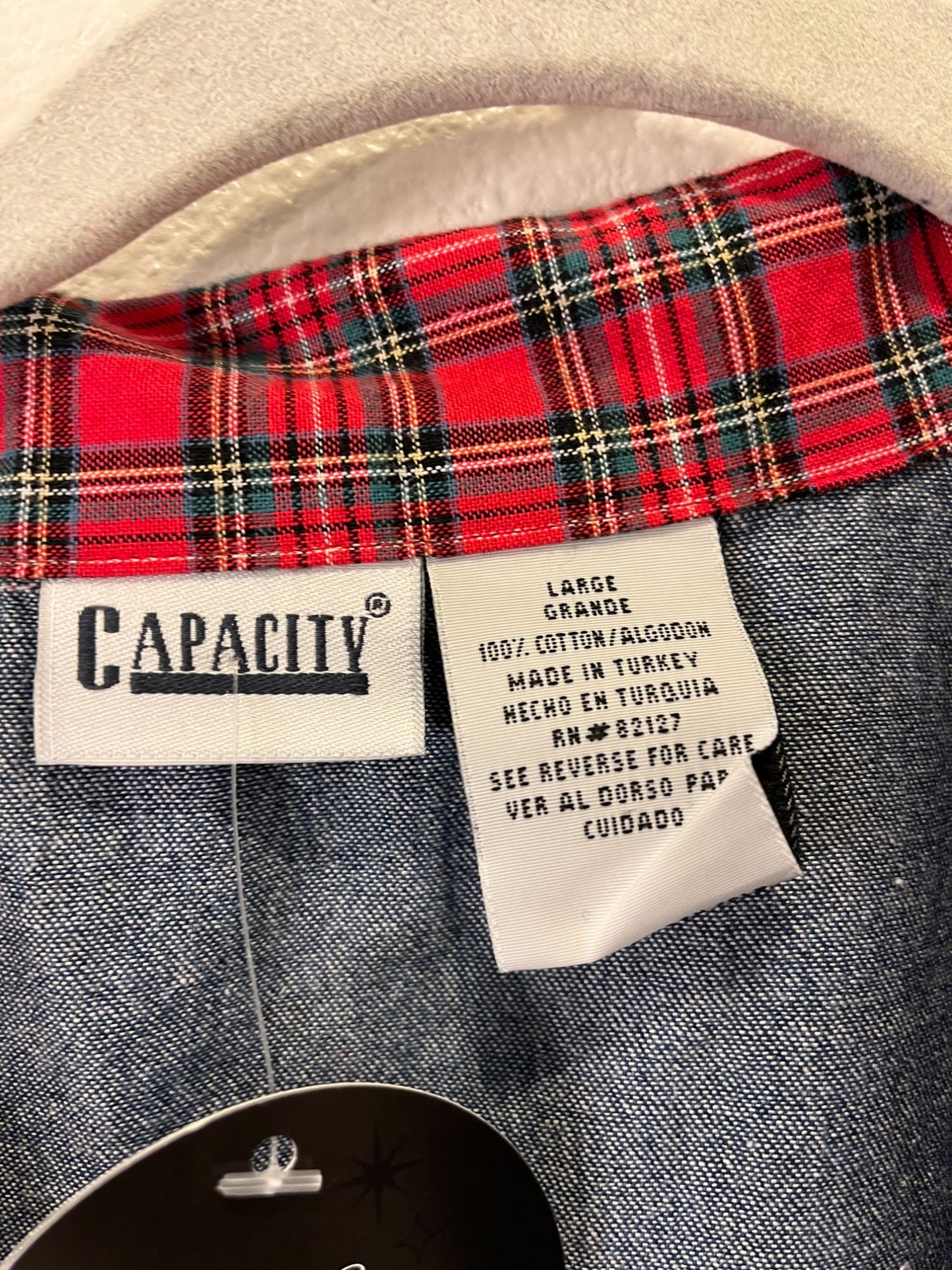 Vintage Capacity Denim Jacket With Red Plaid Collar